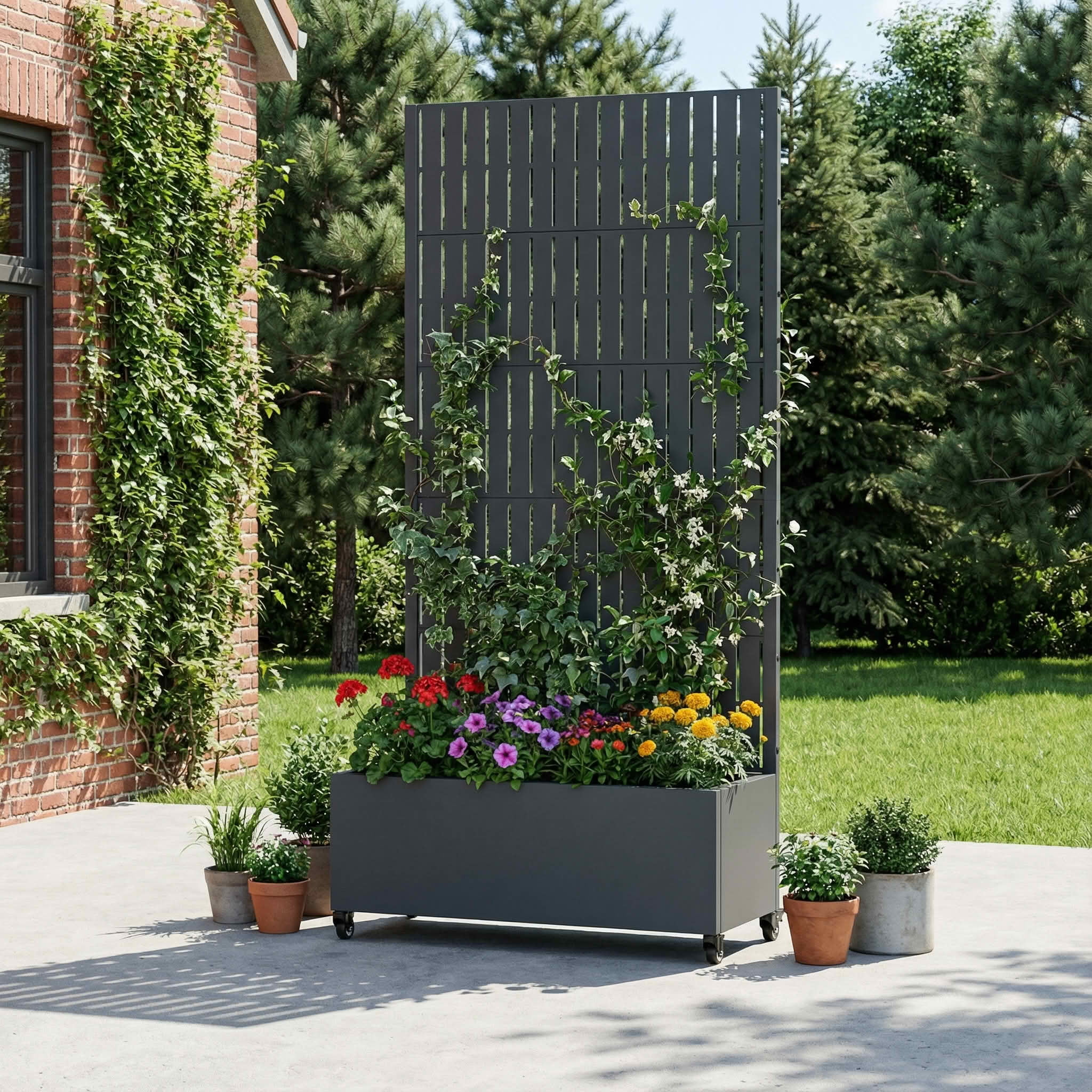 MAYEERTY 72X35" Metal Outdoor Cambrian Gray Privacy Screen with Planter Box for Backyard & Garden, 5 Piece Set