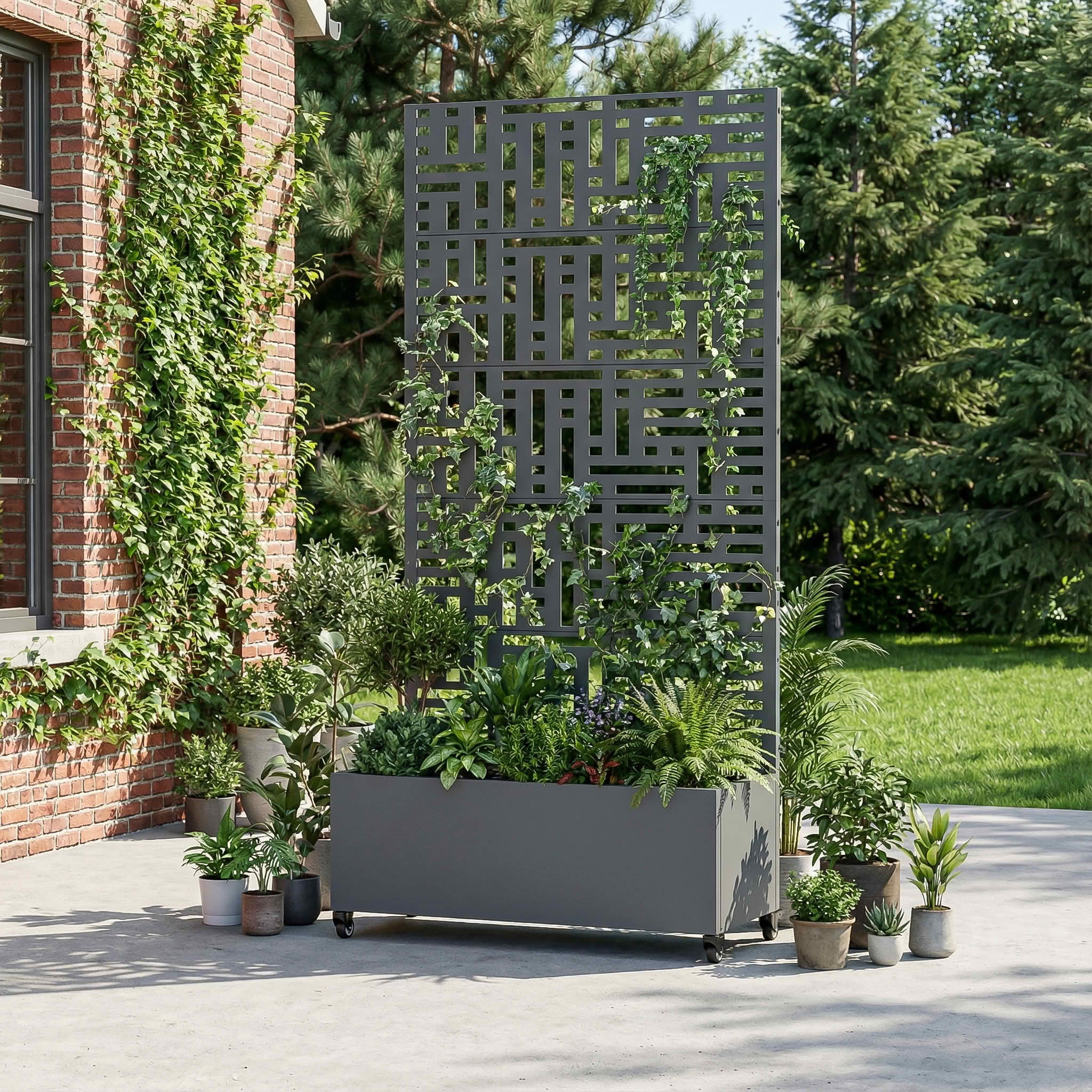 MAYEERTY 72X35" Metal Outdoor Cambrian Gray Privacy Screen with Planter Box for Backyard & Garden, 5 Piece Set