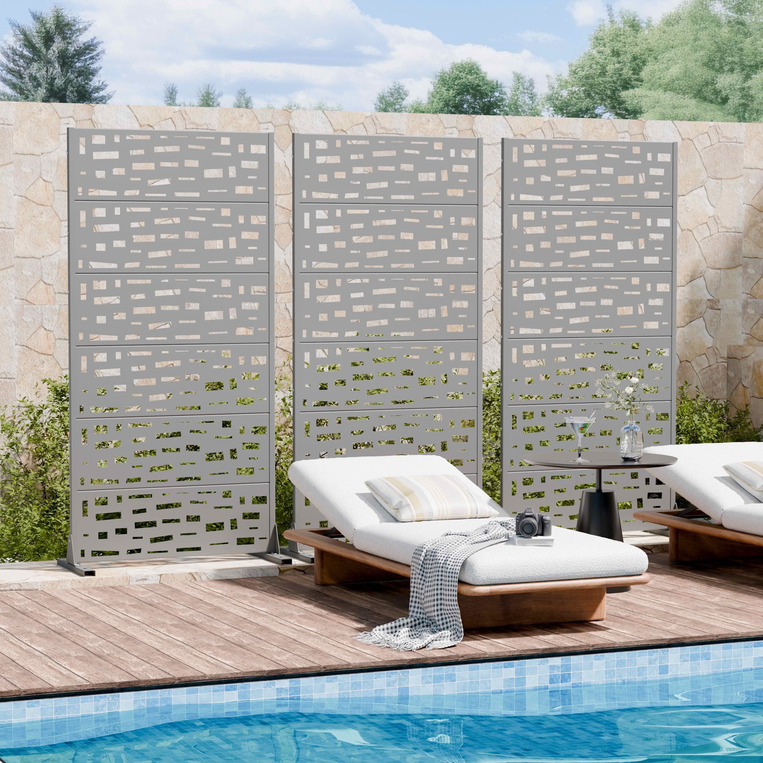 MAYEERTY 72X35" Metal Outdoor Gray Privacy Screen for Backyard & Garden, 6 Piece Set, Double‑sided Installation