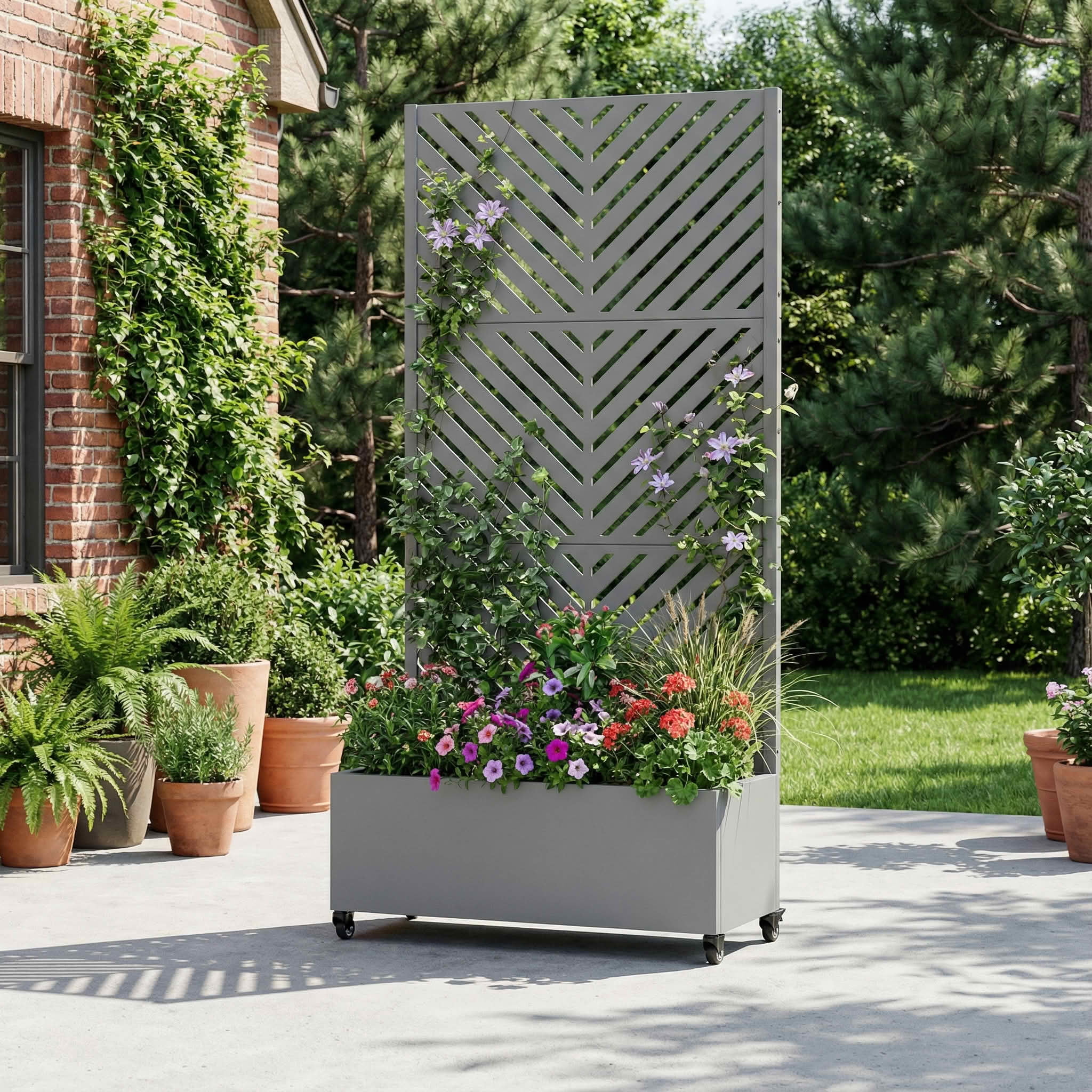 MAYEERTY 72X35" Metal Outdoor Gray Privacy Screen with Planter Box for Backyard & Garden, 3 Piece Set