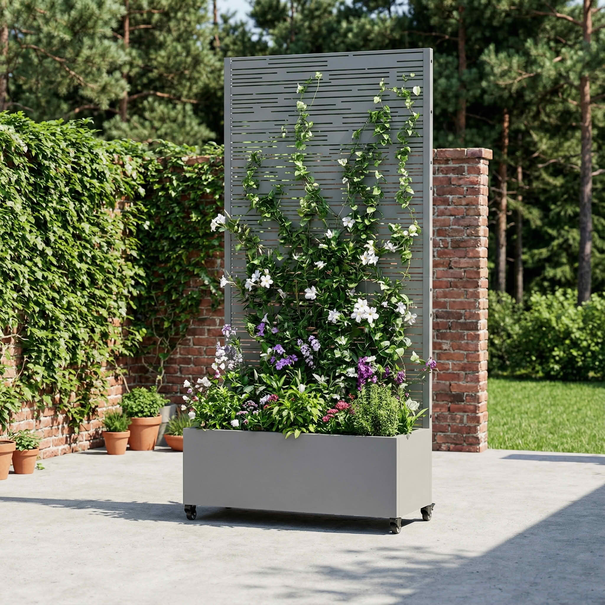 MAYEERTY 72X35" Metal Outdoor Gray Privacy Screen with Planter Box for Backyard & Garden, 5 Piece Set