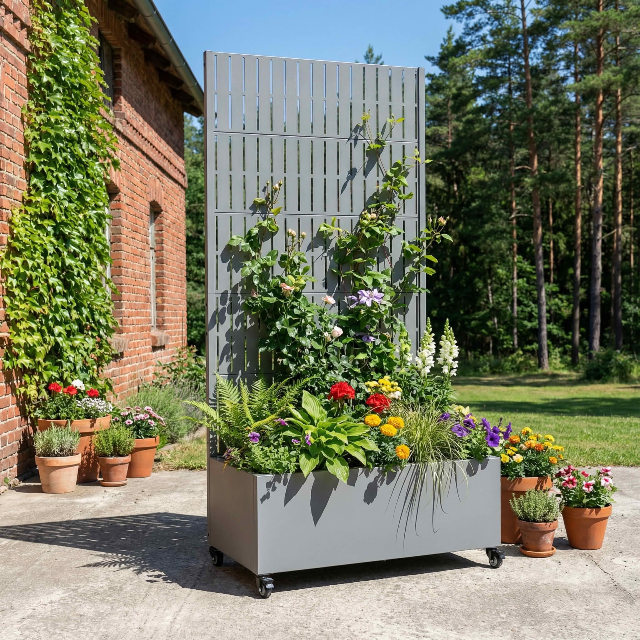 MAYEERTY 72X35" Metal Outdoor Gray Privacy Screen with Planter Box for Backyard & Garden, 5 Piece Set