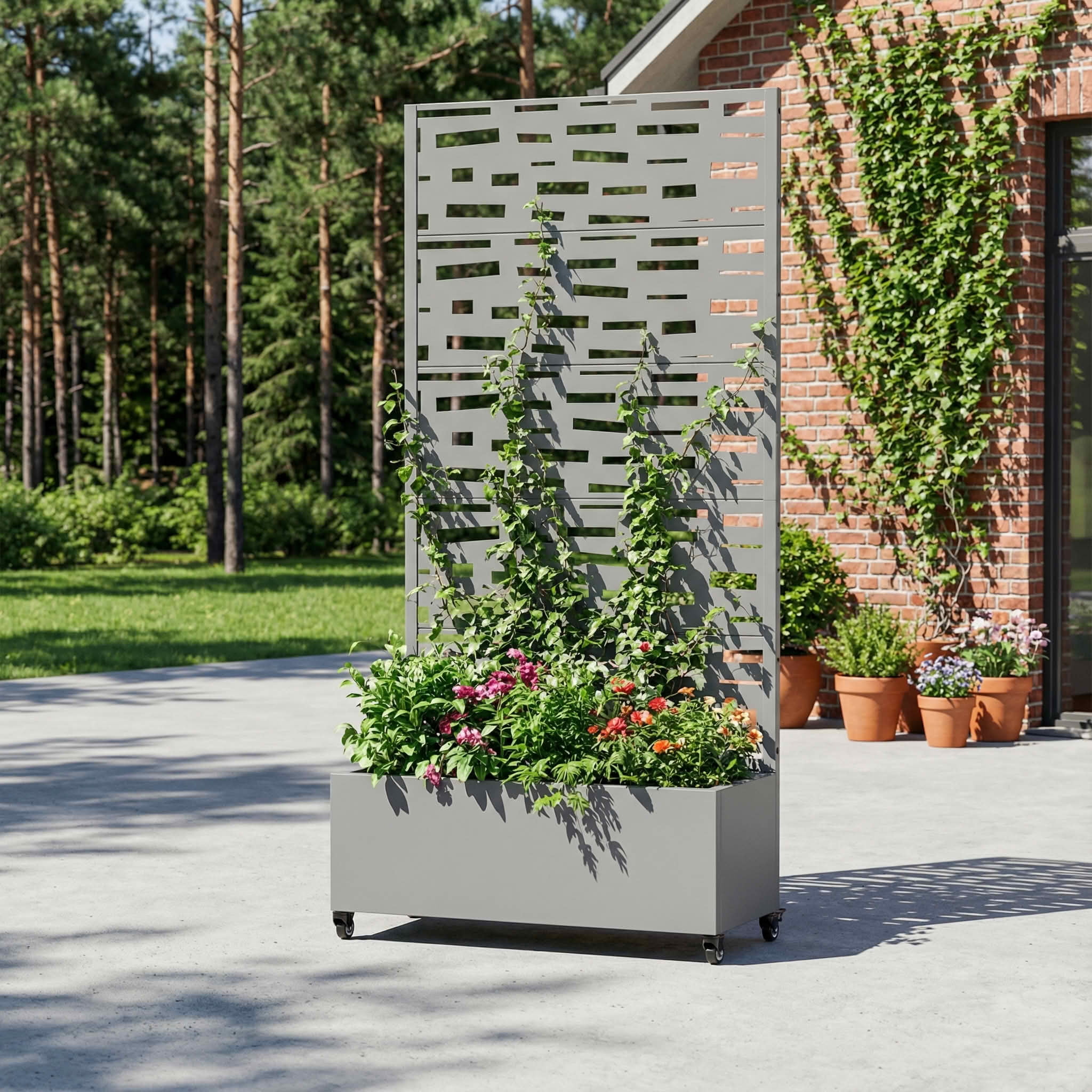 MAYEERTY 72X35" Metal Outdoor Gray Privacy Screen with Planter Box for Backyard & Garden, 5 Piece Set