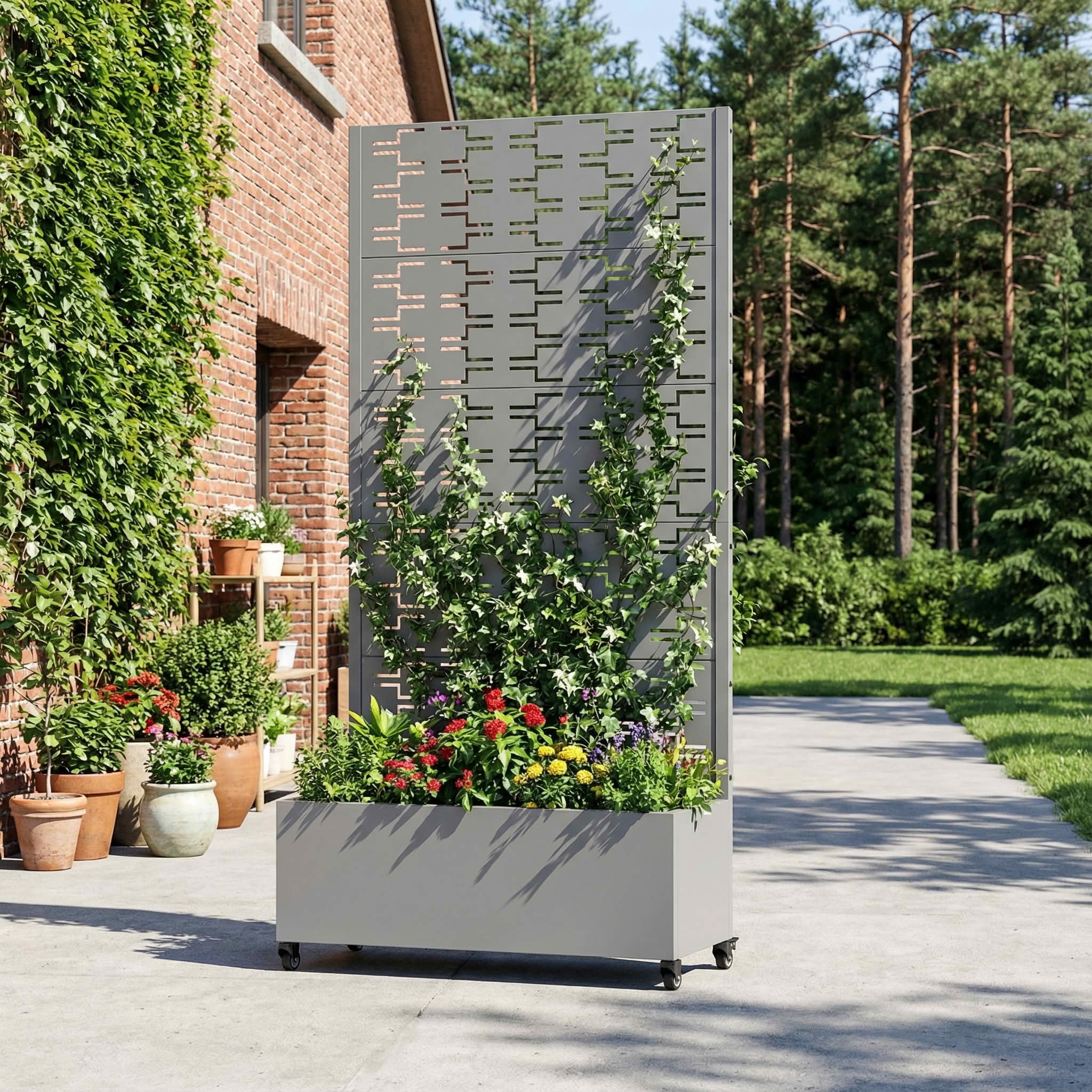 MAYEERTY 72X35" Metal Outdoor Gray Privacy Screen with Planter Box for Backyard & Garden, 5 Piece Set