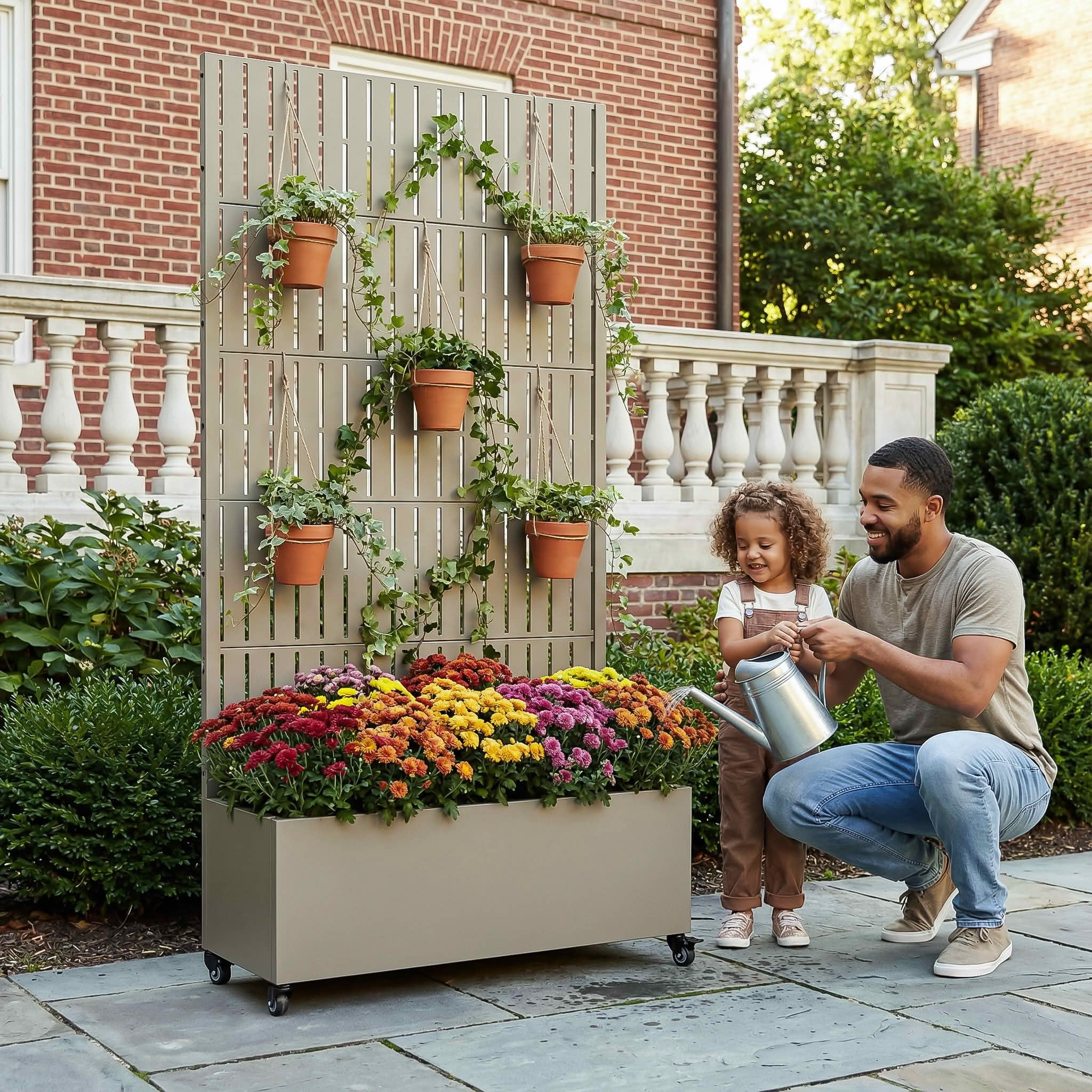 MAYEERTY 72X35" Metal Outdoor Olive Gray Privacy Screen with Planter Box for Backyard & Garden, 5 Piece Set