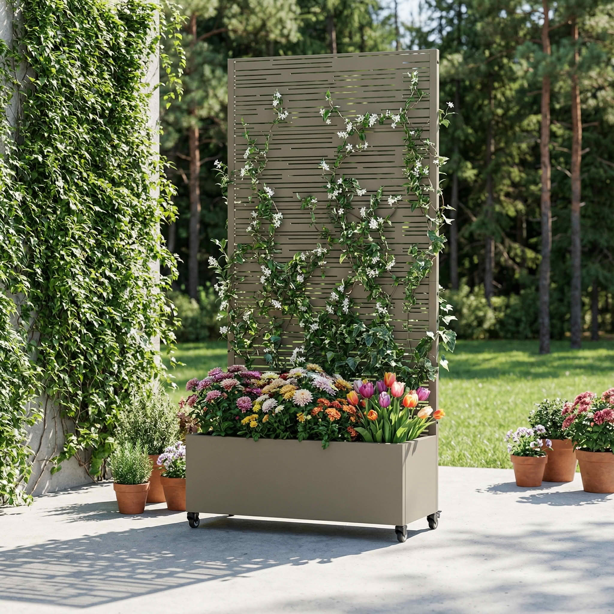 MAYEERTY 72X35" Metal Outdoor Olive Gray Privacy Screen with Planter Box for Backyard & Garden, 5 Piece Set