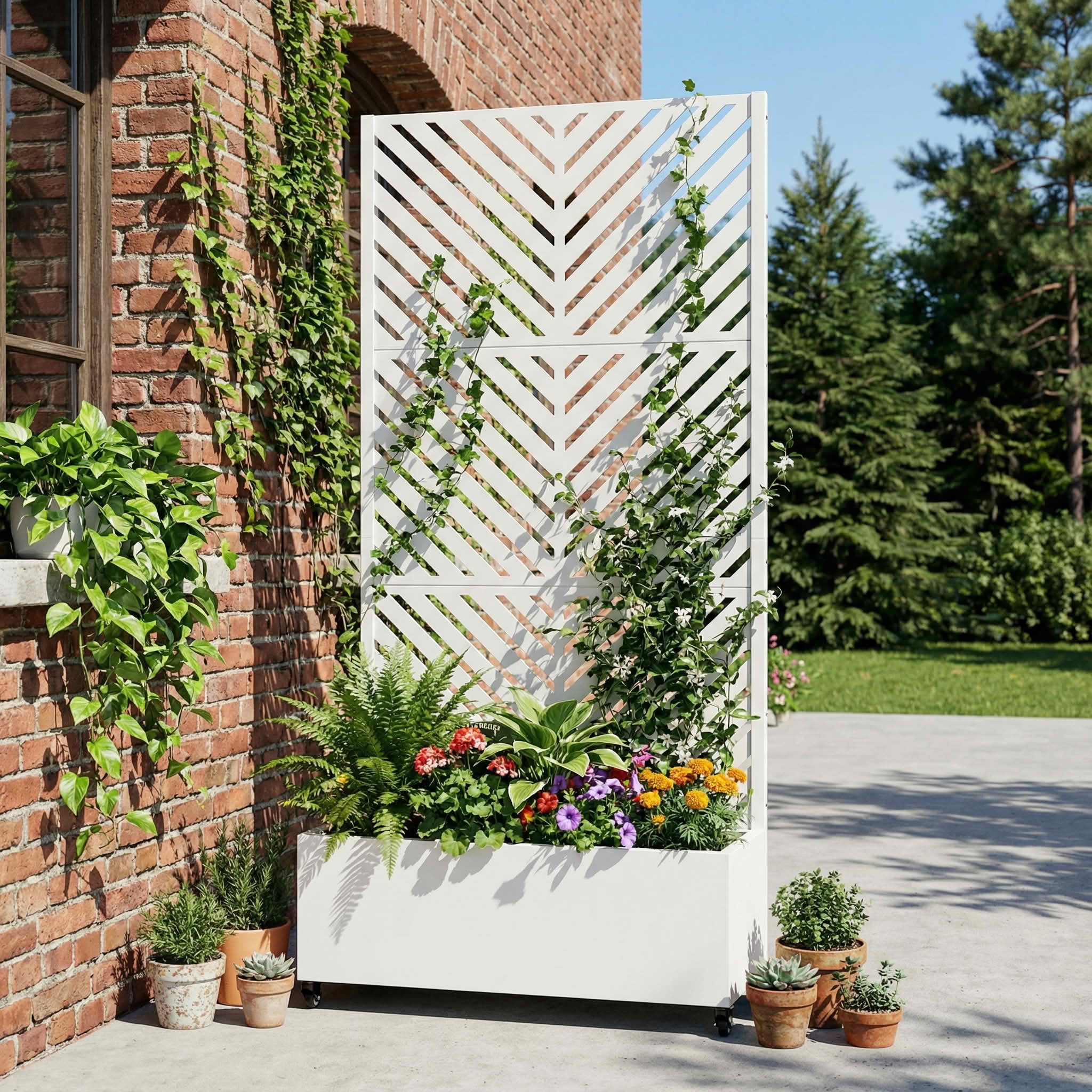 MAYEERTY 72X35" Metal Outdoor White Privacy Screen with Planter Box for Backyard & Garden, 3 Piece Set