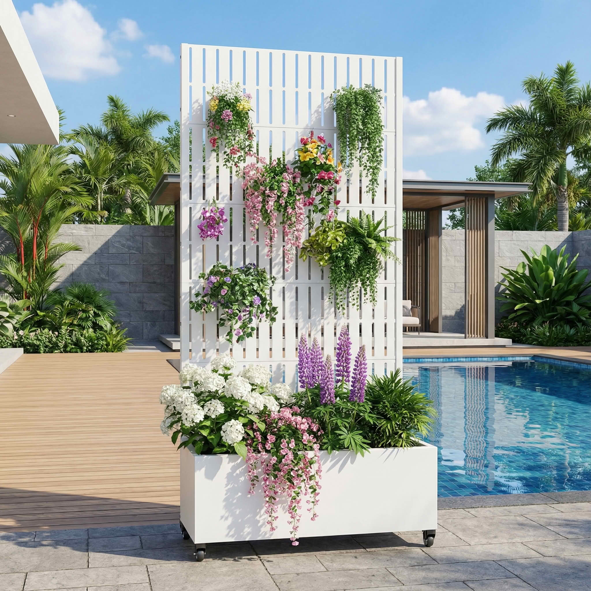 MAYEERTY 72X35" Metal Outdoor White Privacy Screen with Planter Box for Backyard & Garden, 5 Piece Set