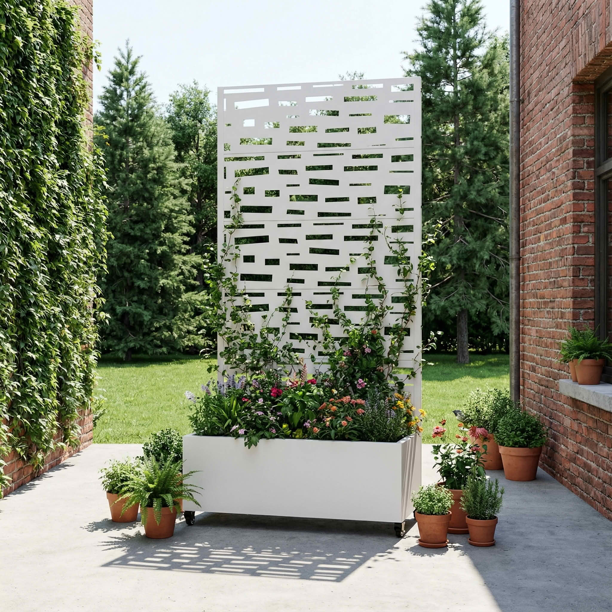 MAYEERTY 72X35" Metal Outdoor White Privacy Screen with Planter Box for Backyard & Garden, 5 Piece Set