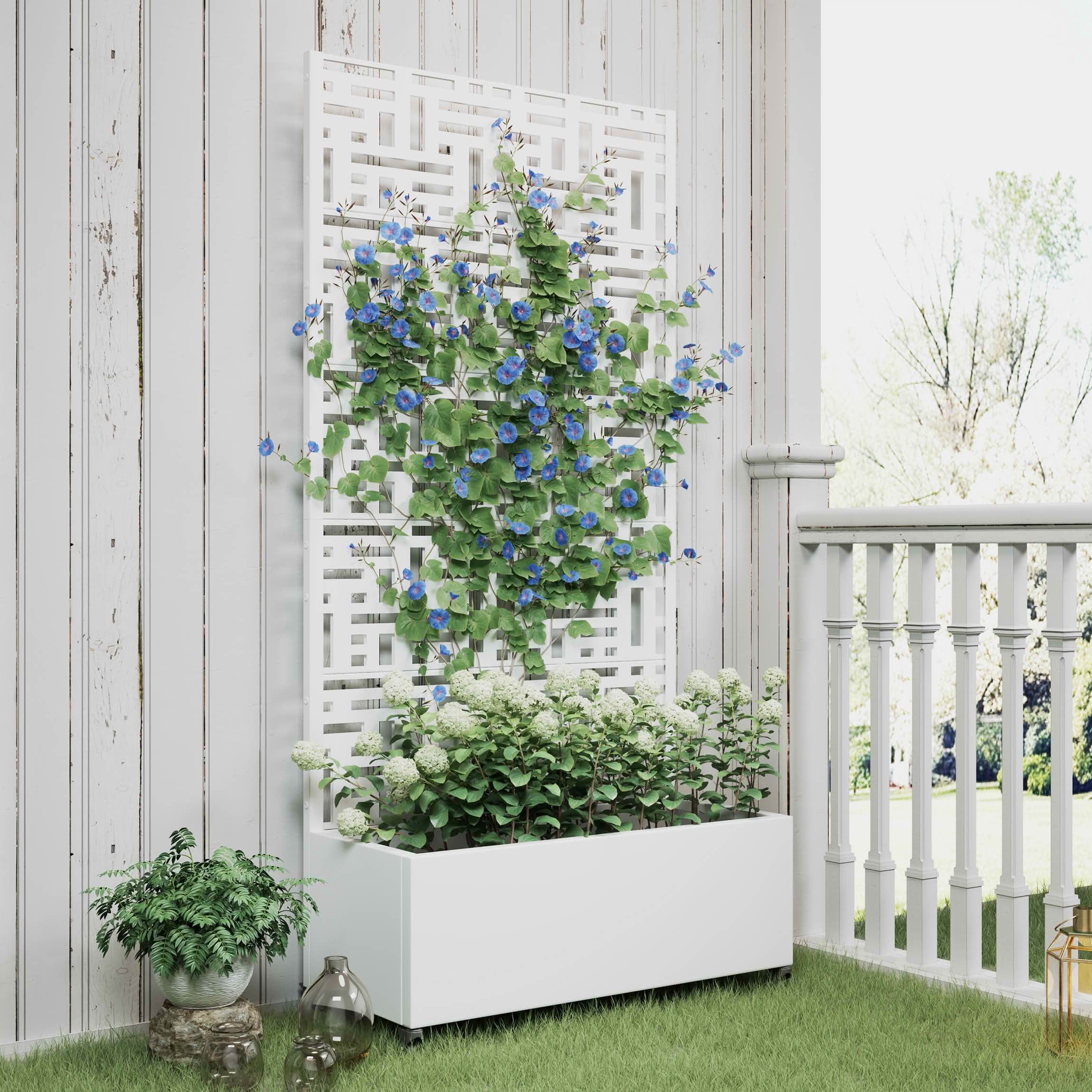 MAYEERTY 72X35" Metal Outdoor White Privacy Screen with Planter Box for Backyard & Garden, 5 Piece Set