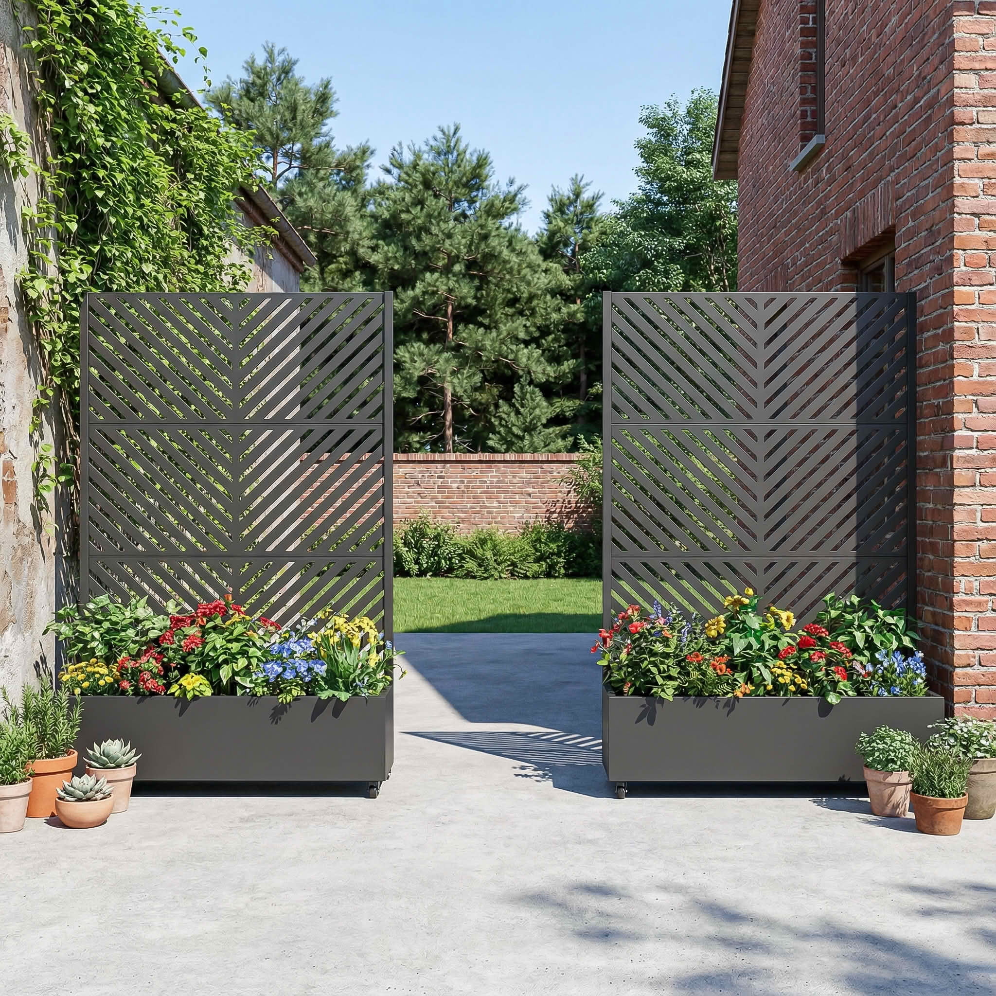 MAYEERTY 72X47" Metal Outdoor Black Privacy Screen with Planter Box for Backyard & Garden, 3 Piece Set, Double‑sided Installation