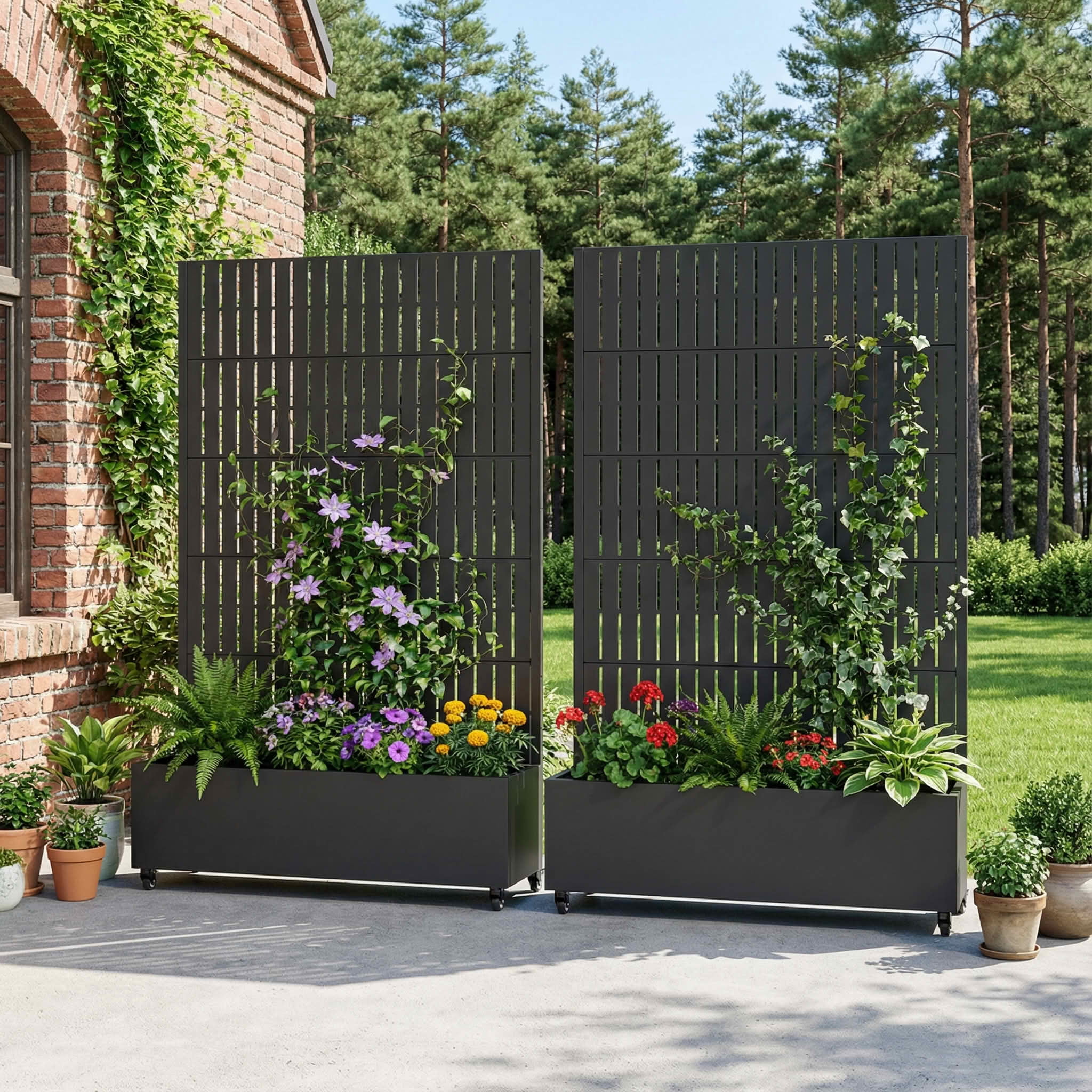 MAYEERTY 72X47" Metal Outdoor Black Privacy Screen with Planter Box for Backyard & Garden, 5 Piece Set, Double‑sided Installation