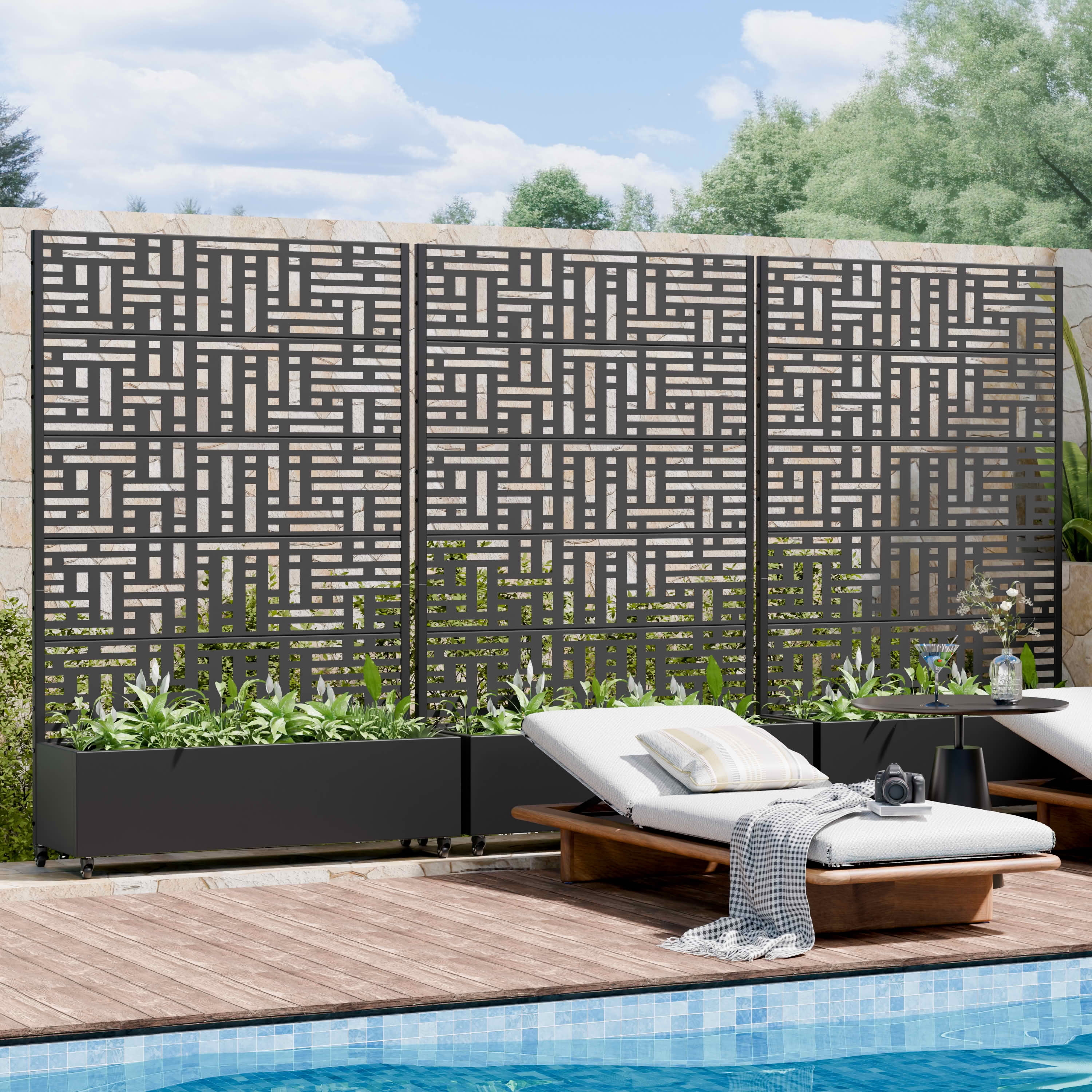 MAYEERTY 72X47" Metal Outdoor Black Privacy Screen with Planter Box for Backyard & Garden, 5 Piece Set, Double‑sided Installation