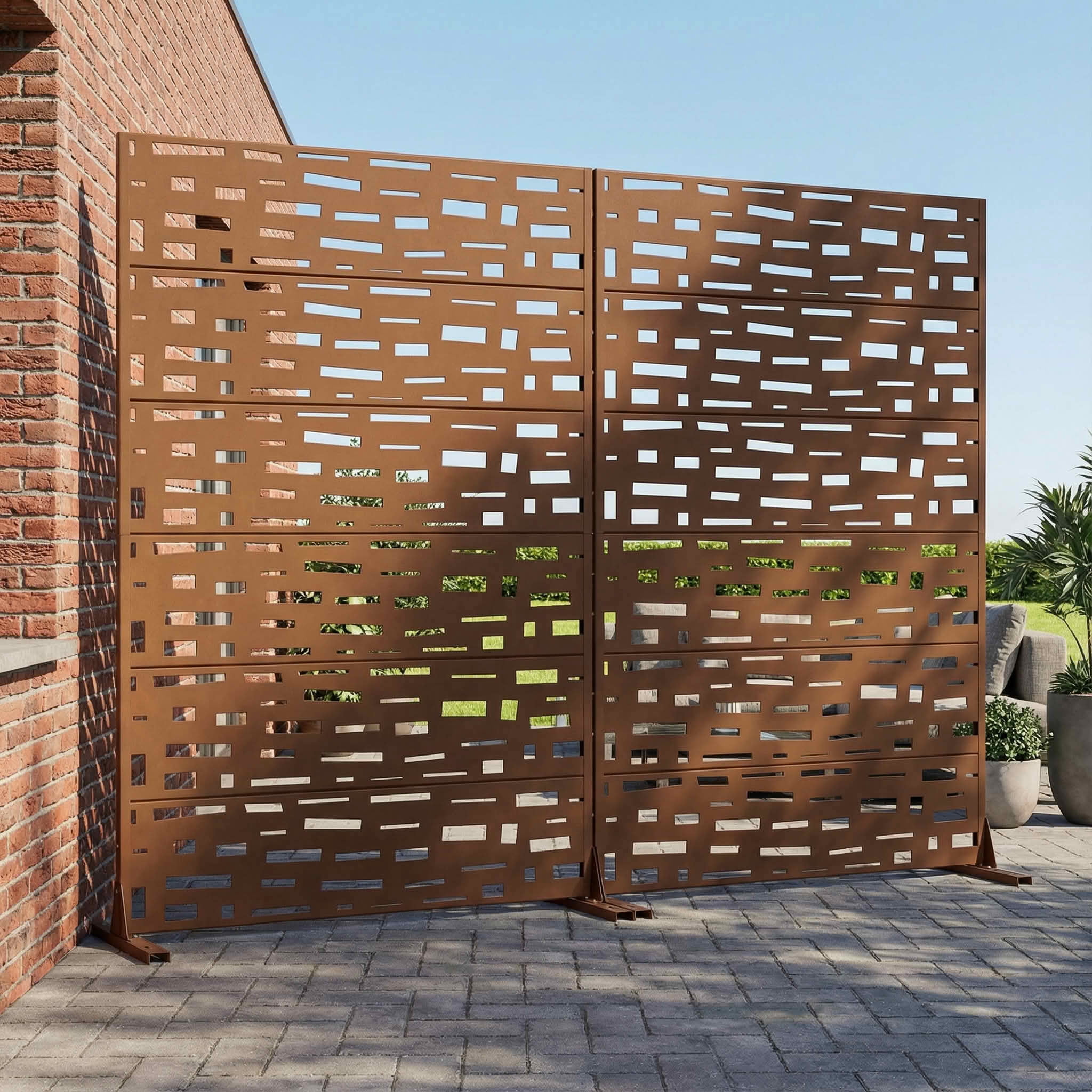 MAYEERTY 72X47" Metal Outdoor Brown Privacy Screen for Backyard & Garden, 6 Piece Set, Double‑sided Installation