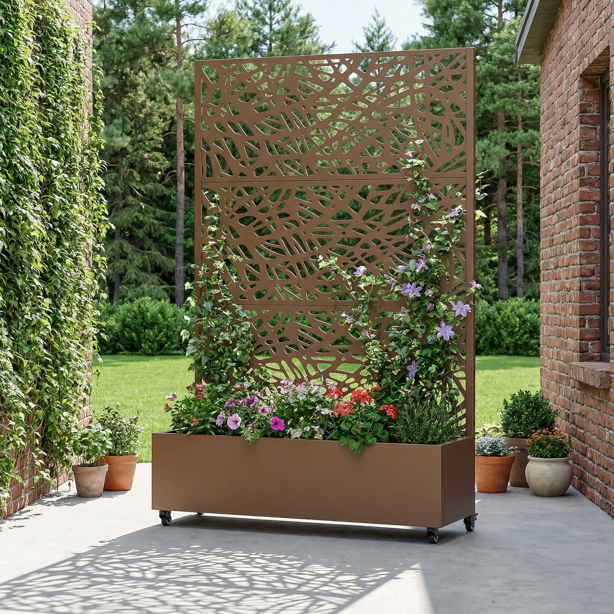 MAYEERTY 72X47" Metal Outdoor Brown Privacy Screen with Planter Box for Backyard & Garden, 3 Piece Set