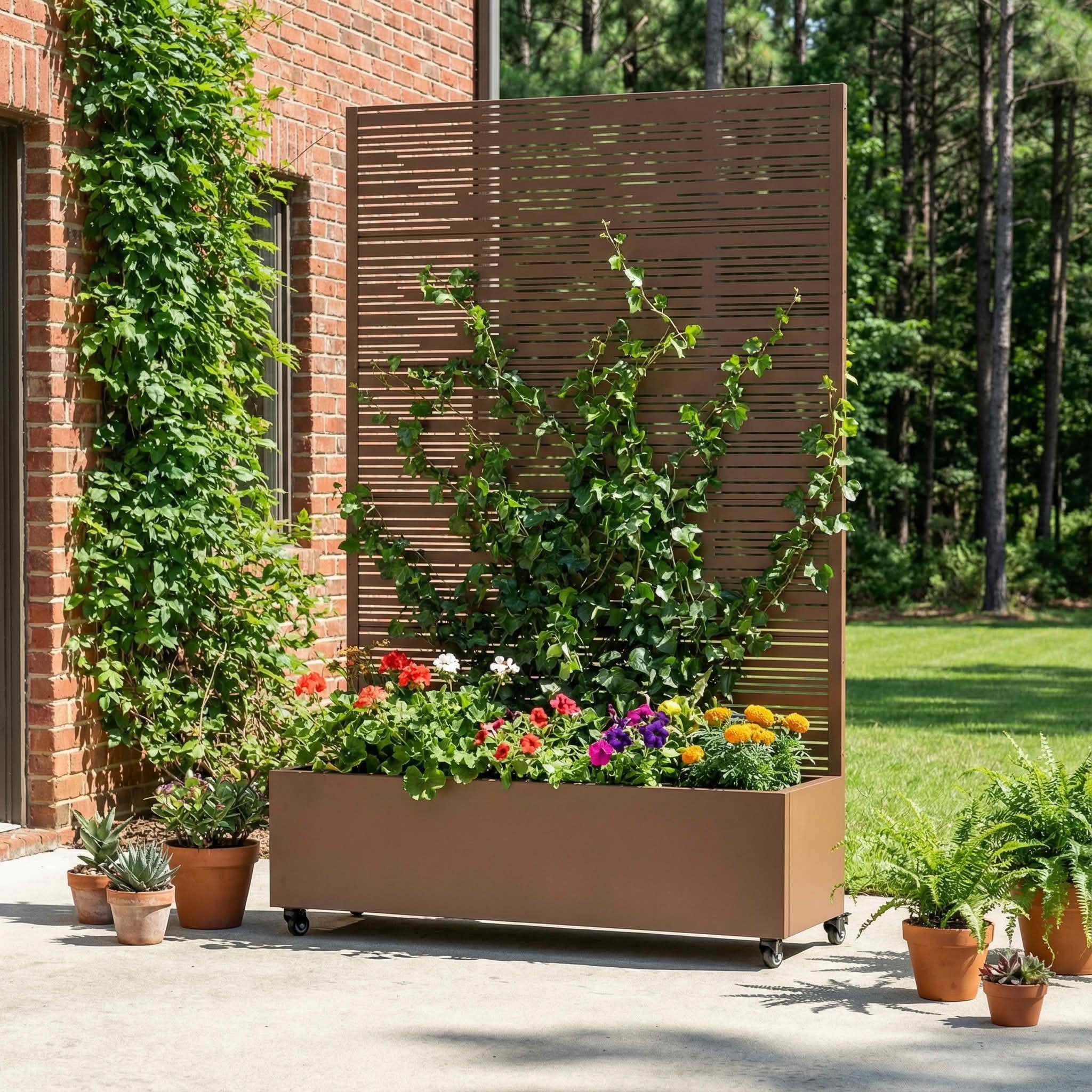 MAYEERTY 72X47" Metal Outdoor Brown Privacy Screen with Planter Box for Backyard & Garden, 5 Piece Set