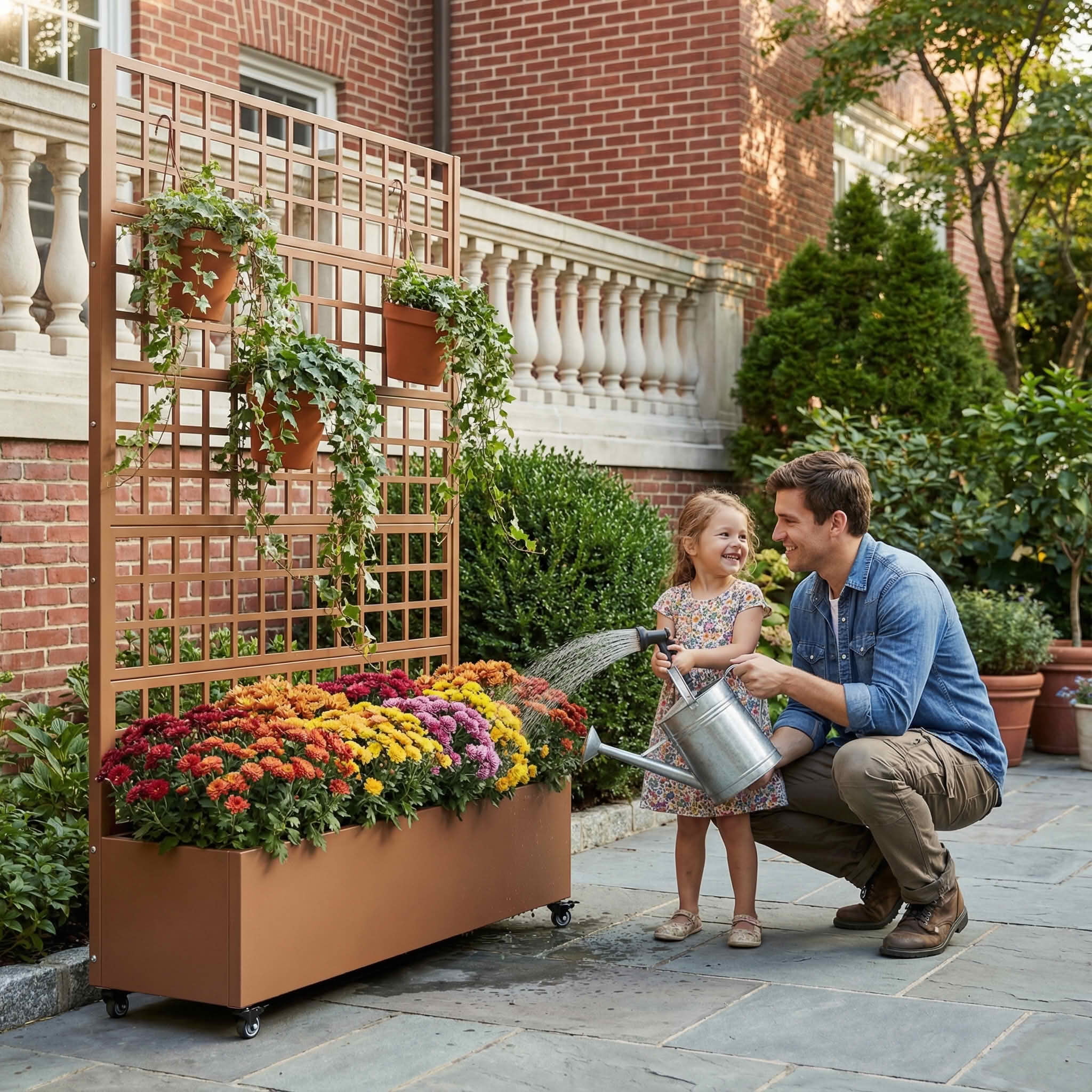 MAYEERTY 72X47" Metal Outdoor Brown Privacy Screen with Planter Box for Backyard & Garden, 5 Piece Set