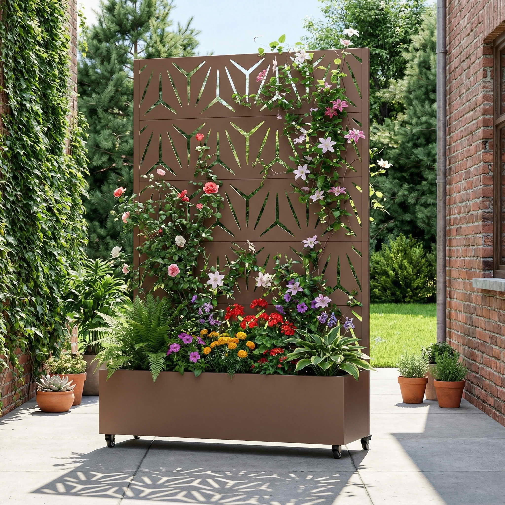 MAYEERTY 72X47" Metal Outdoor Brown Privacy Screen with Planter Box for Backyard & Garden, 5 Piece Set