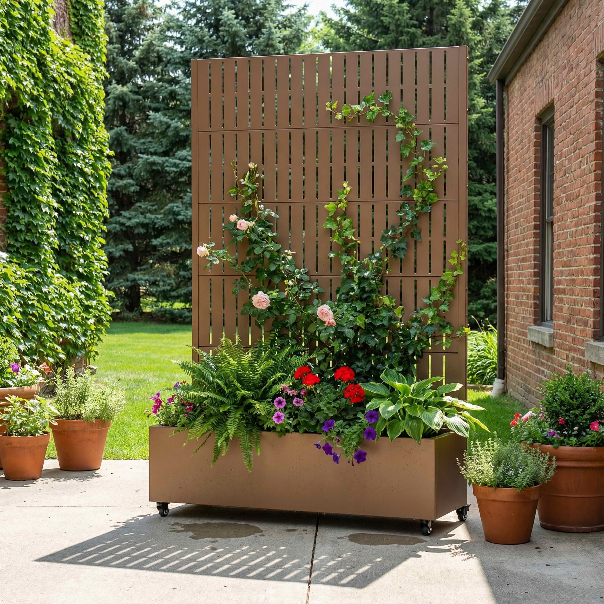 MAYEERTY 72X47" Metal Outdoor Brown Privacy Screen with Planter Box for Backyard & Garden, 5 Piece Set