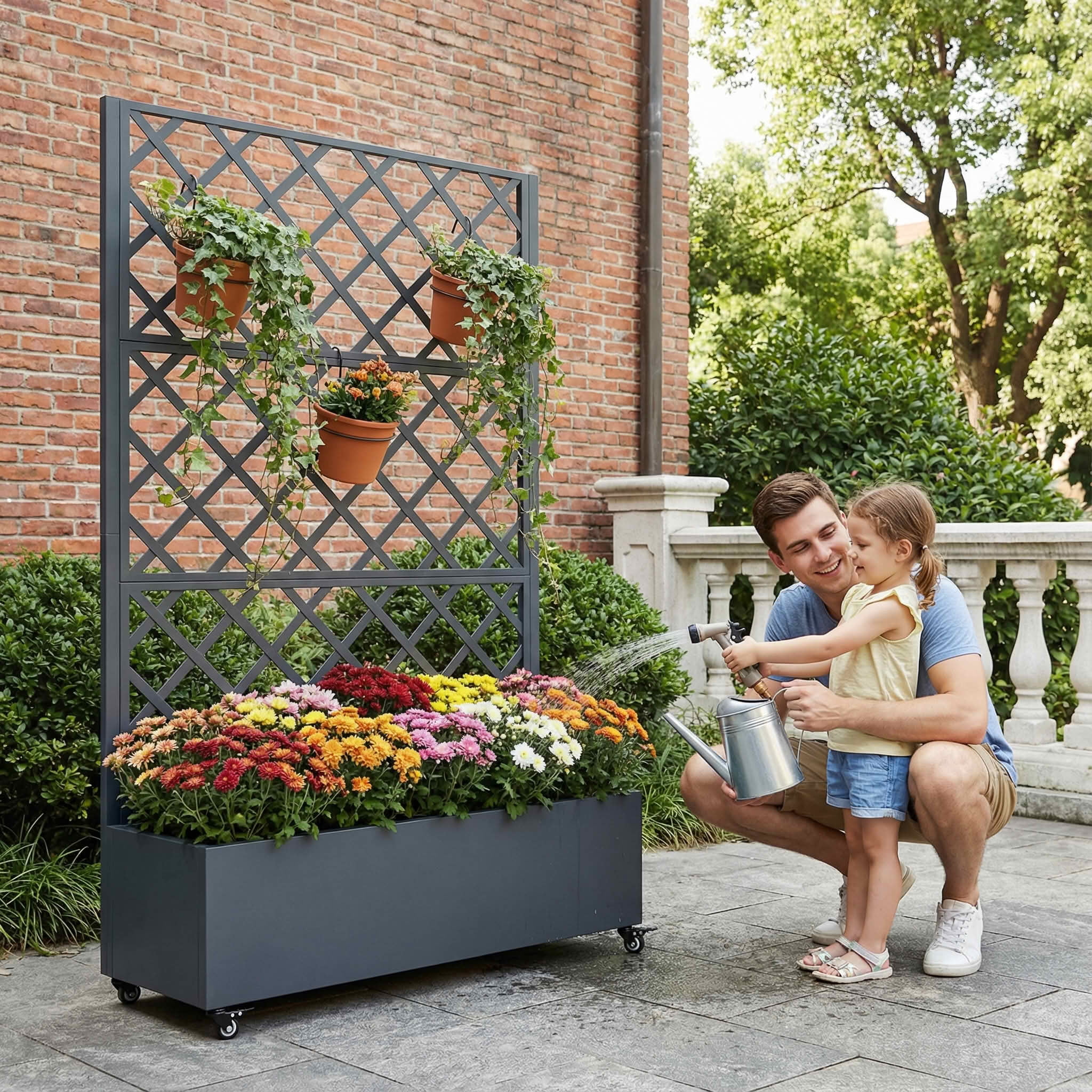 MAYEERTY 72X47" Metal Outdoor Cambrian Gray Privacy Screen with Planter Box for Backyard & Garden, 3 Piece Set