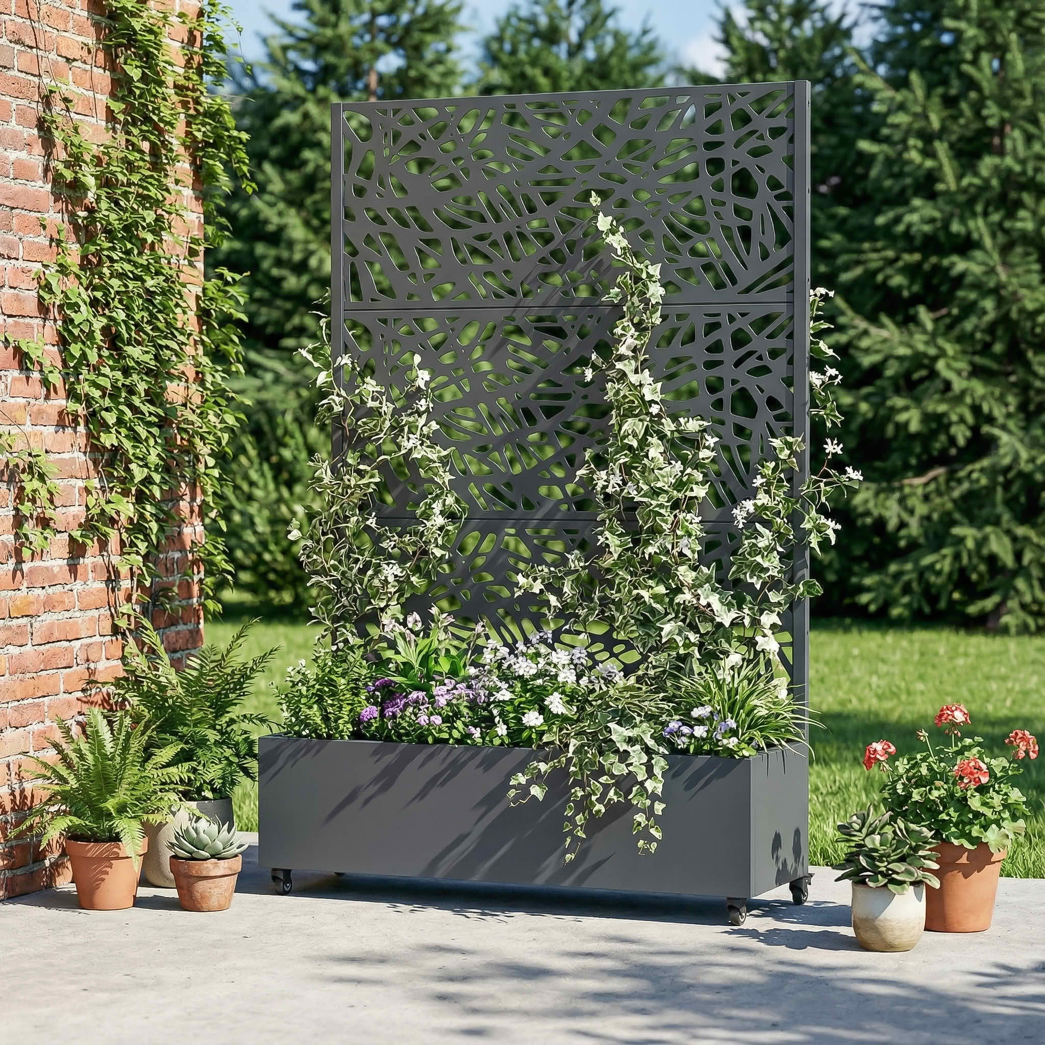 MAYEERTY 72X47" Metal Outdoor Cambrian Gray Privacy Screen with Planter Box for Backyard & Garden, 3 Piece Set