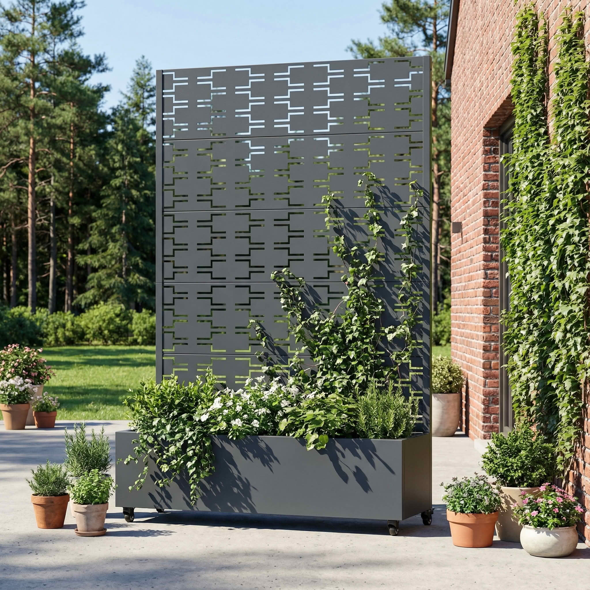 MAYEERTY 72X47" Metal Outdoor Cambrian Gray Privacy Screen with Planter Box for Backyard & Garden, 5 Piece Set