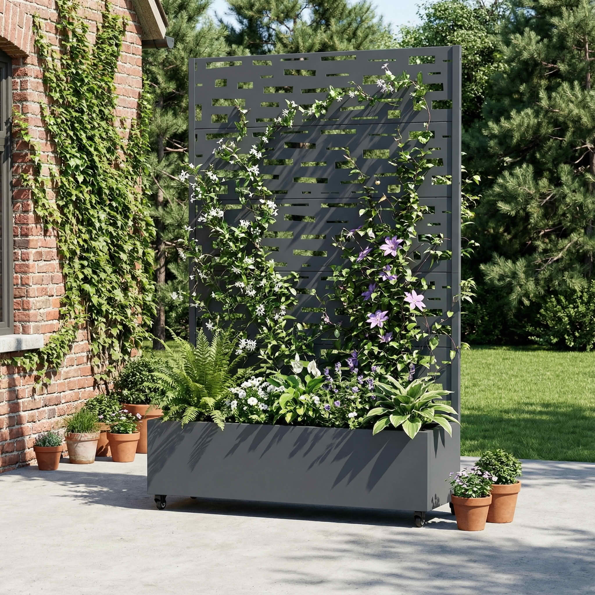 MAYEERTY 72X47" Metal Outdoor Cambrian Gray Privacy Screen with Planter Box for Backyard & Garden, 5 Piece Set