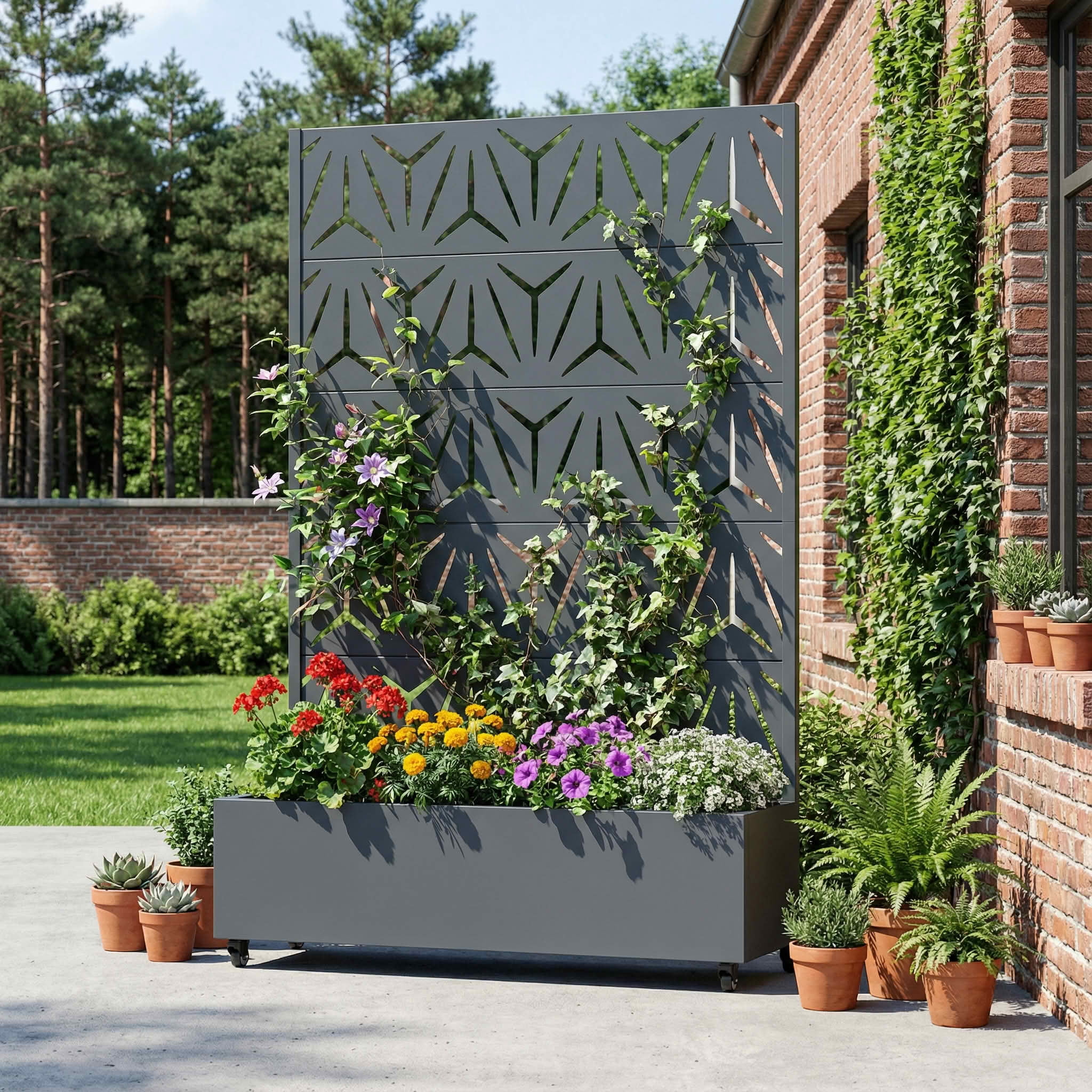 MAYEERTY 72X47" Metal Outdoor Cambrian Gray Privacy Screen with Planter Box for Backyard & Garden, 5 Piece Set