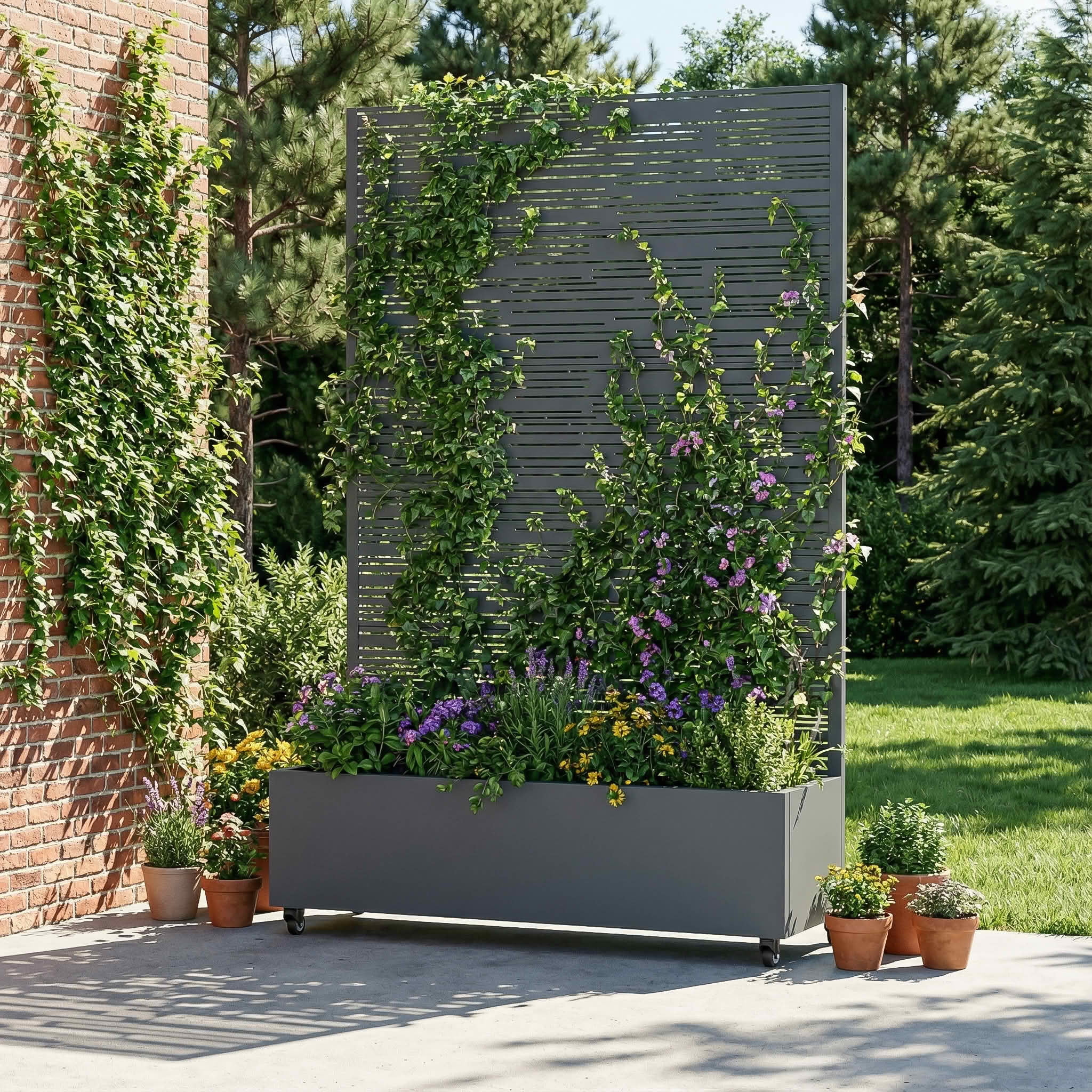 MAYEERTY 72X47" Metal Outdoor Cambrian Gray Privacy Screen with Planter Box for Backyard & Garden, 5 Piece Set