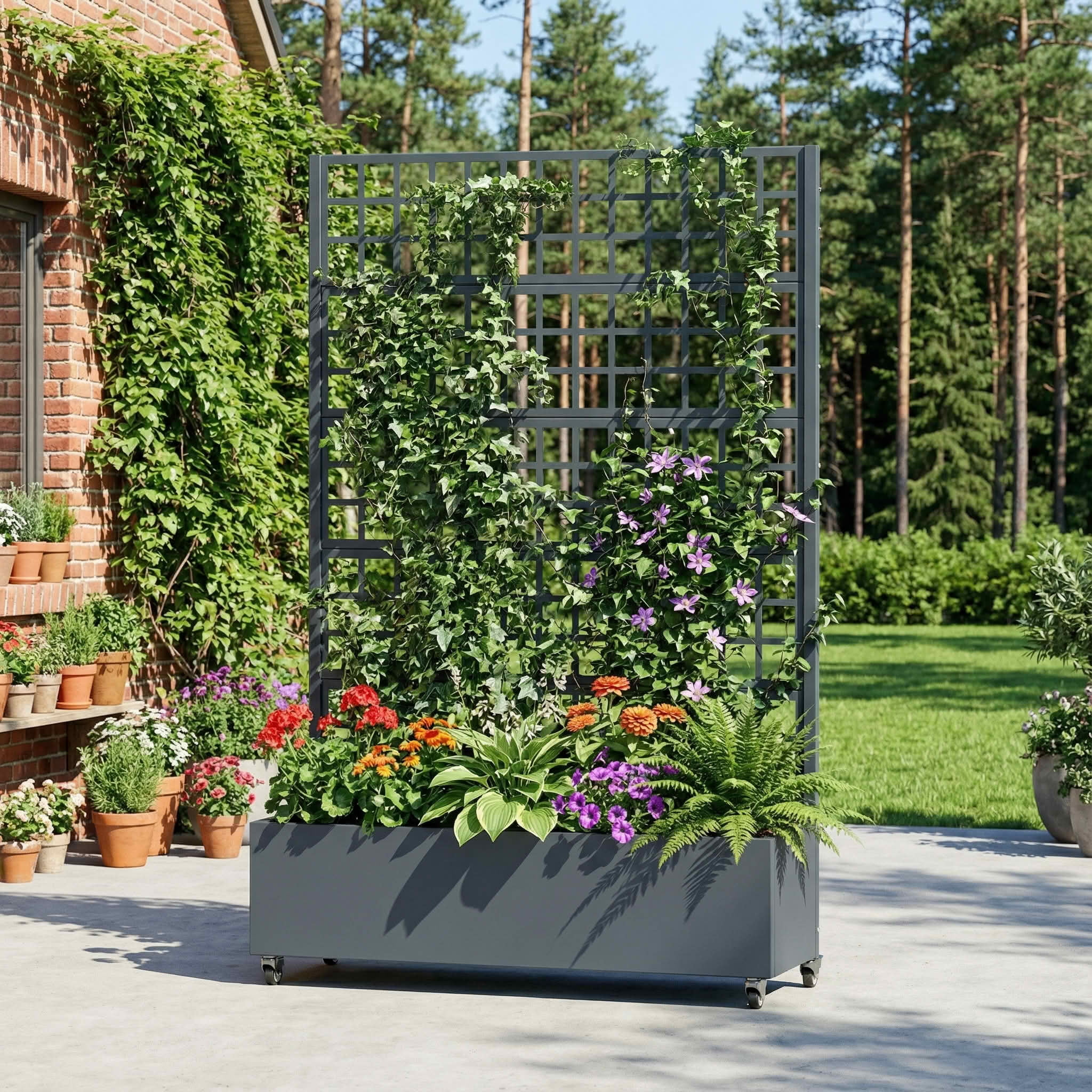 MAYEERTY 72X47" Metal Outdoor Cambrian Gray Privacy Screen with Planter Box for Backyard & Garden, 5 Piece Set