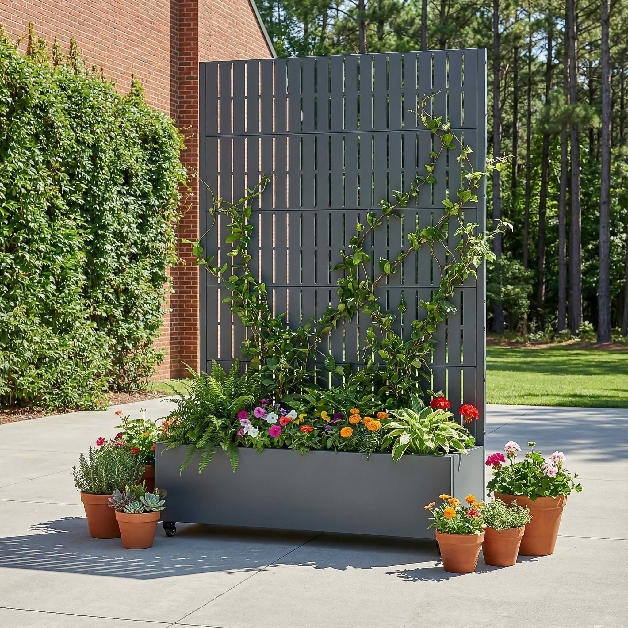 MAYEERTY 72X47" Metal Outdoor Cambrian Gray Privacy Screen with Planter Box for Backyard & Garden, 5 Piece Set