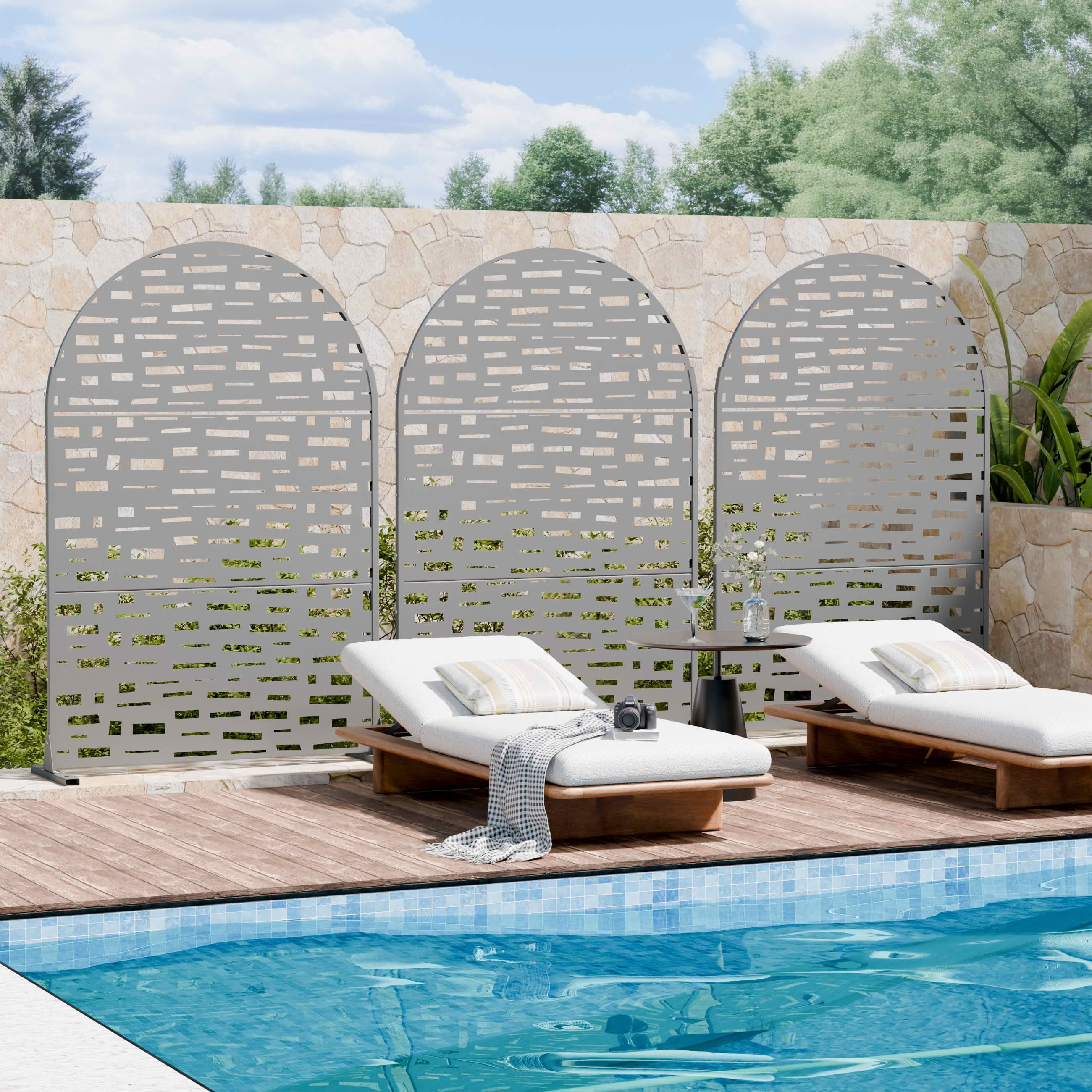 MAYEERTY 72X47" Metal Outdoor Gray Privacy Screen for Backyard & Garden, 3 Piece Set