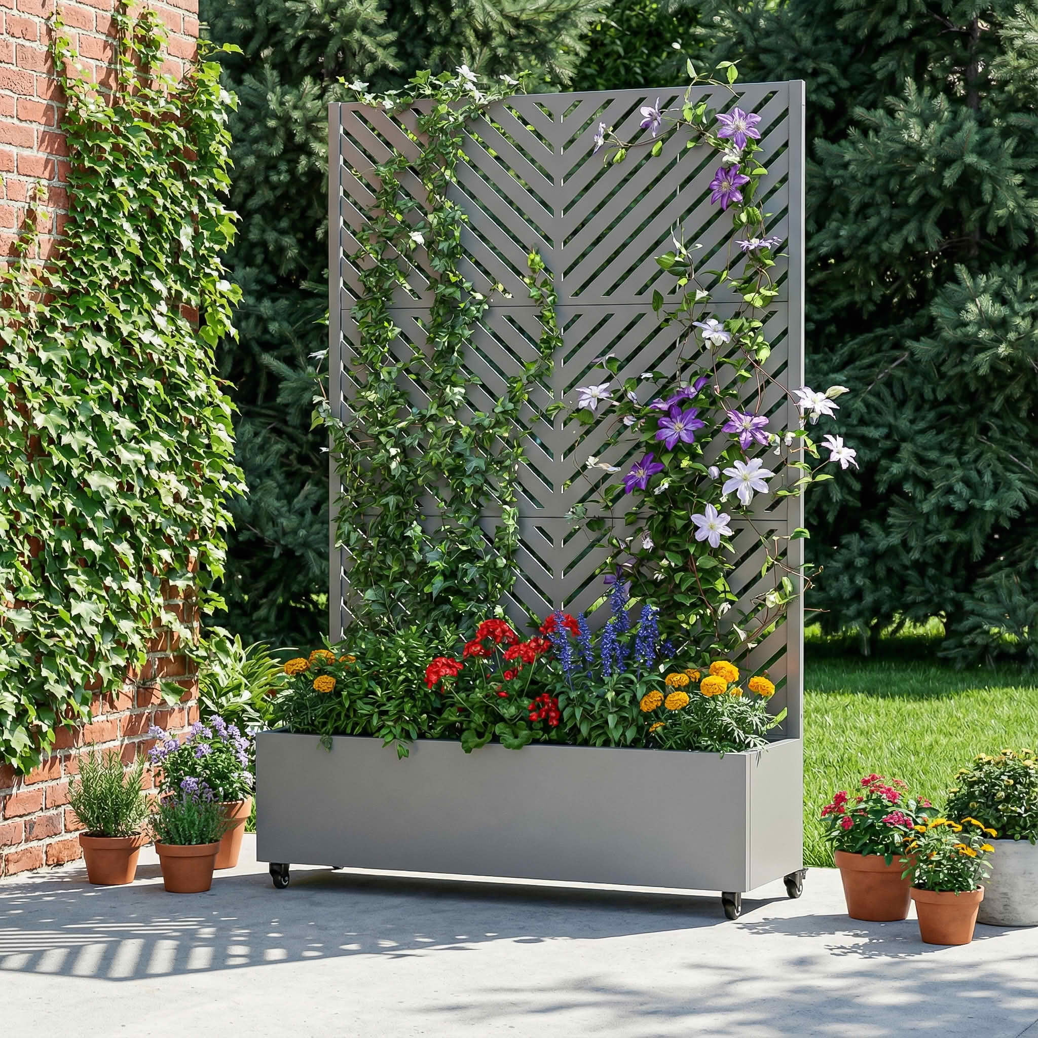 MAYEERTY 72X47" Metal Outdoor Gray Privacy Screen with Planter Box for Backyard & Garden, 3 Piece Set