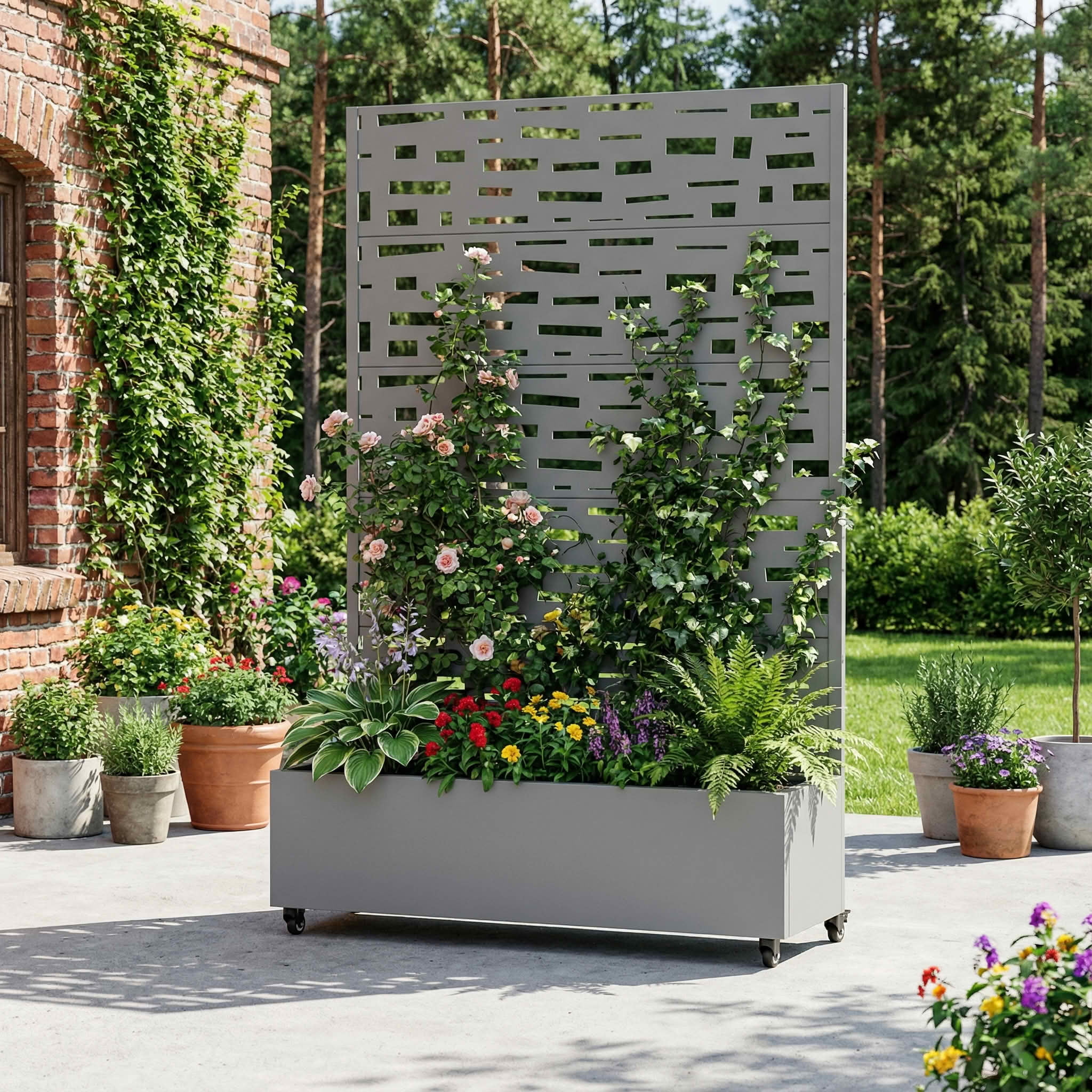 MAYEERTY 72X47" Metal Outdoor Gray Privacy Screen with Planter Box for Backyard & Garden, 5 Piece Set