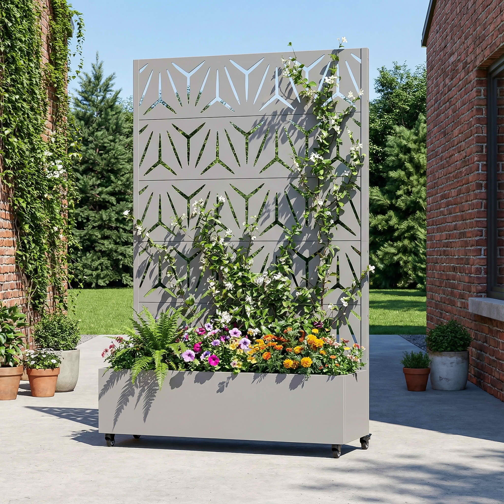 MAYEERTY 72X47" Metal Outdoor Gray Privacy Screen with Planter Box for Backyard & Garden, 5 Piece Set