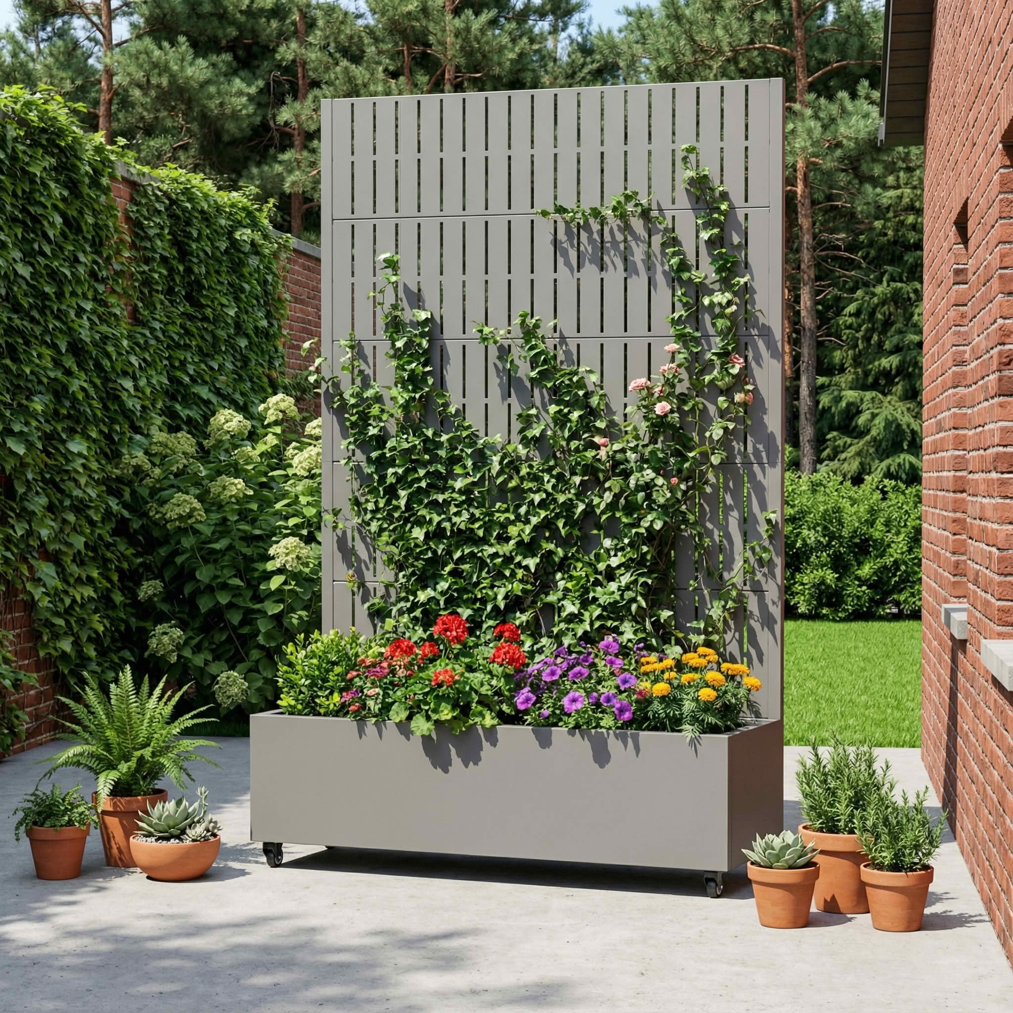 MAYEERTY 72X47" Metal Outdoor Gray Privacy Screen with Planter Box for Backyard & Garden, 5 Piece Set