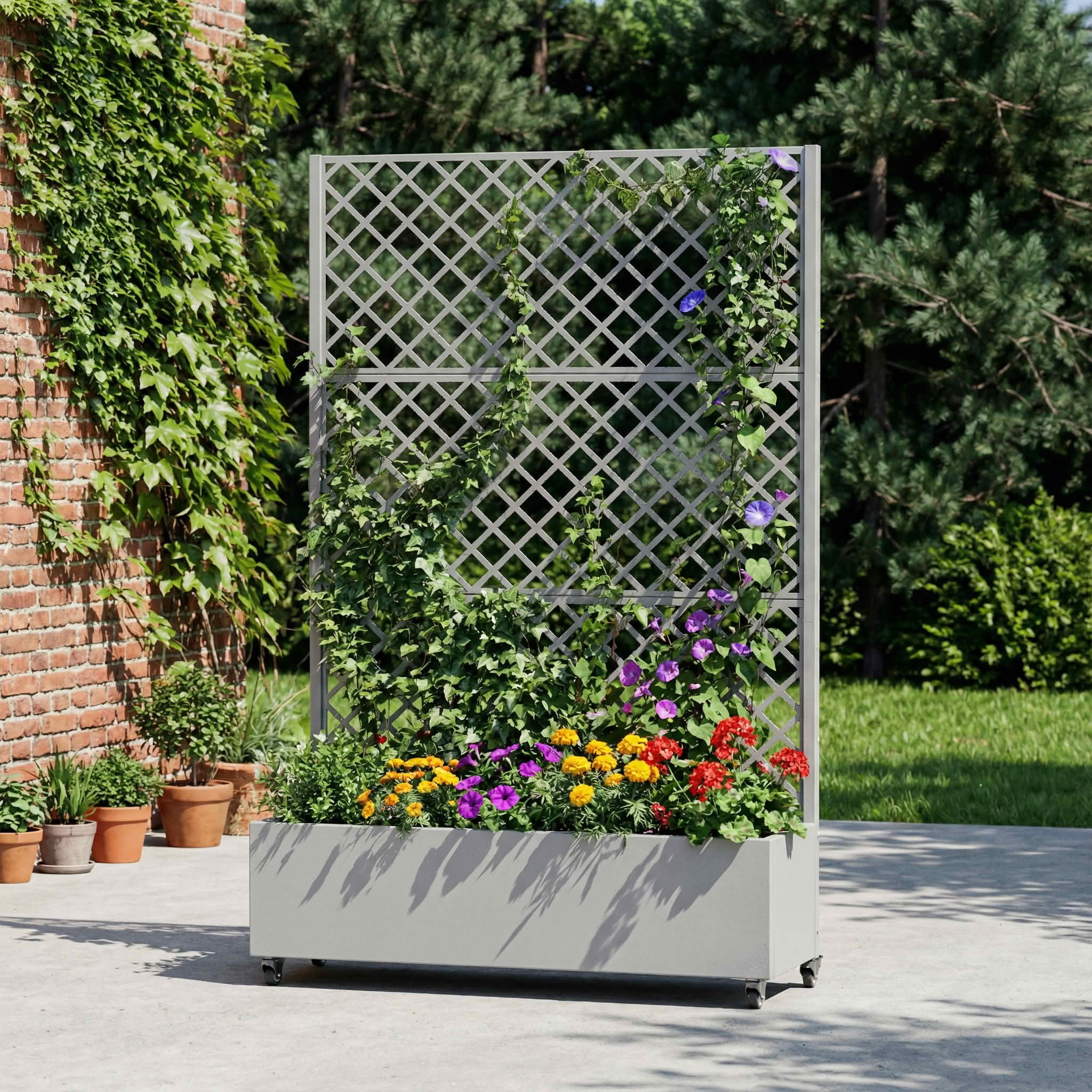 MAYEERTY 72X47" Metal Outdoor Gray Privacy Screen with Planter Box for Backyard & Garden, 5 Piece Set