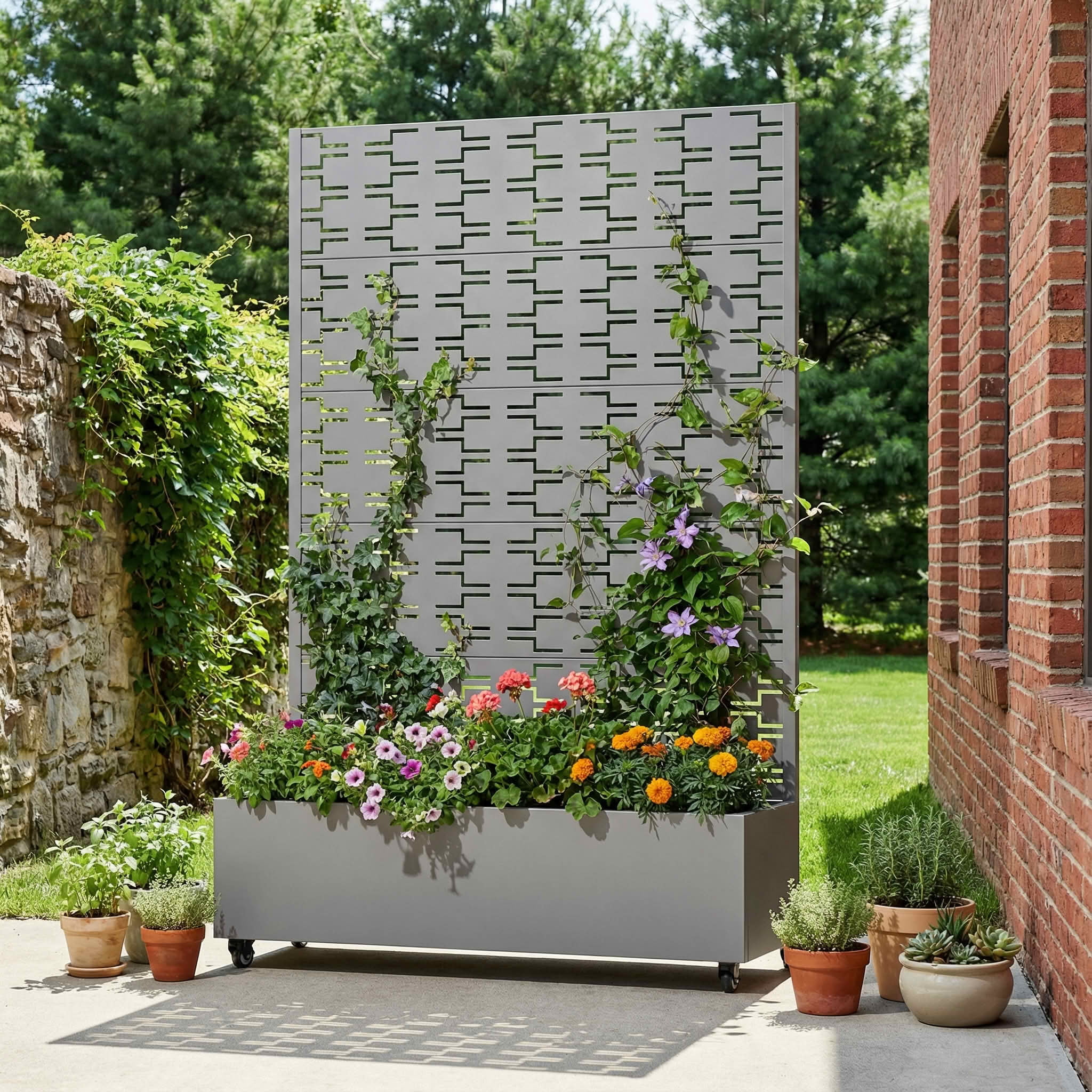 MAYEERTY 72X47" Metal Outdoor Gray Privacy Screen with Planter Box for Backyard & Garden, 5 Piece Set