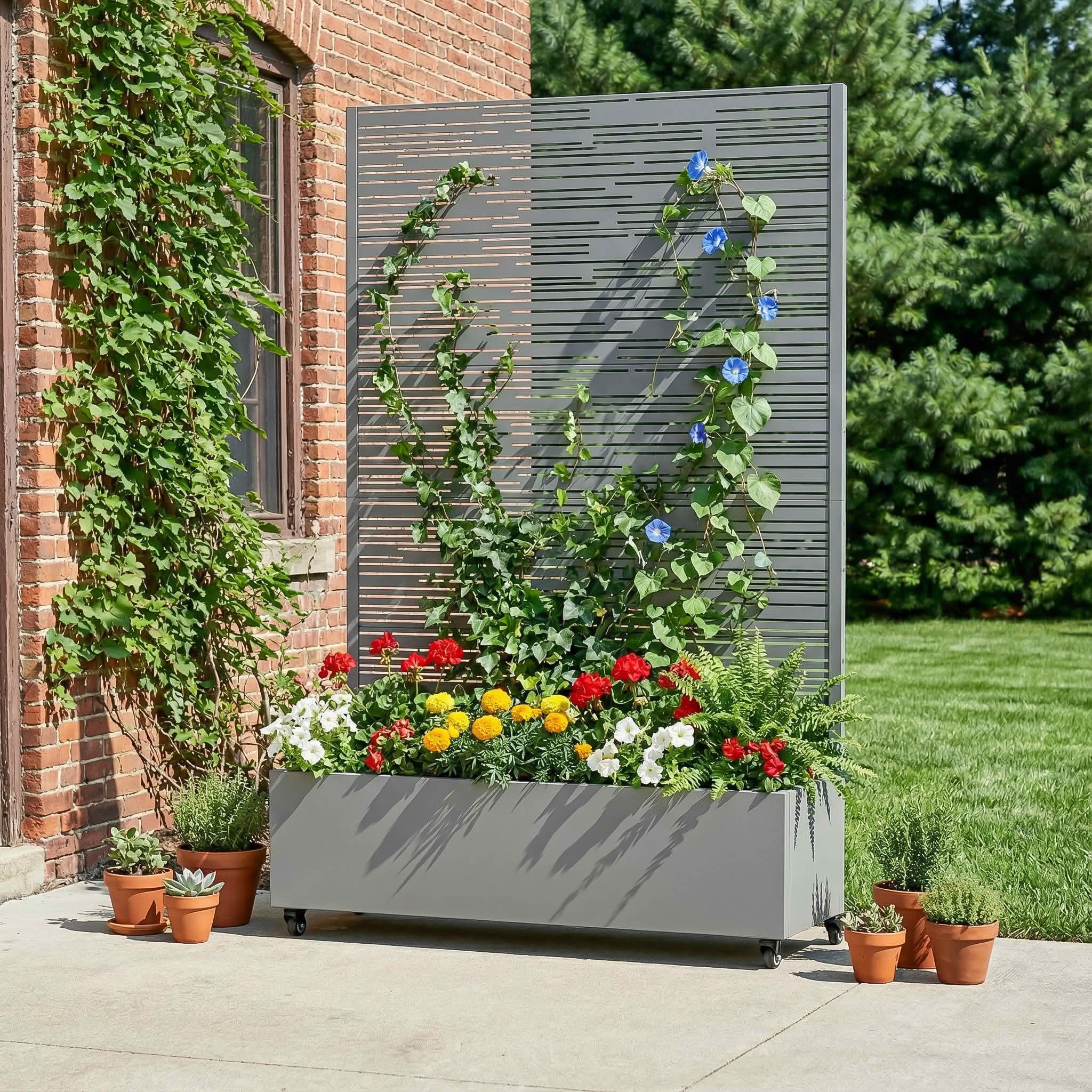 MAYEERTY 72X47" Metal Outdoor Gray Privacy Screen with Planter Box for Backyard & Garden, 5 Piece Set