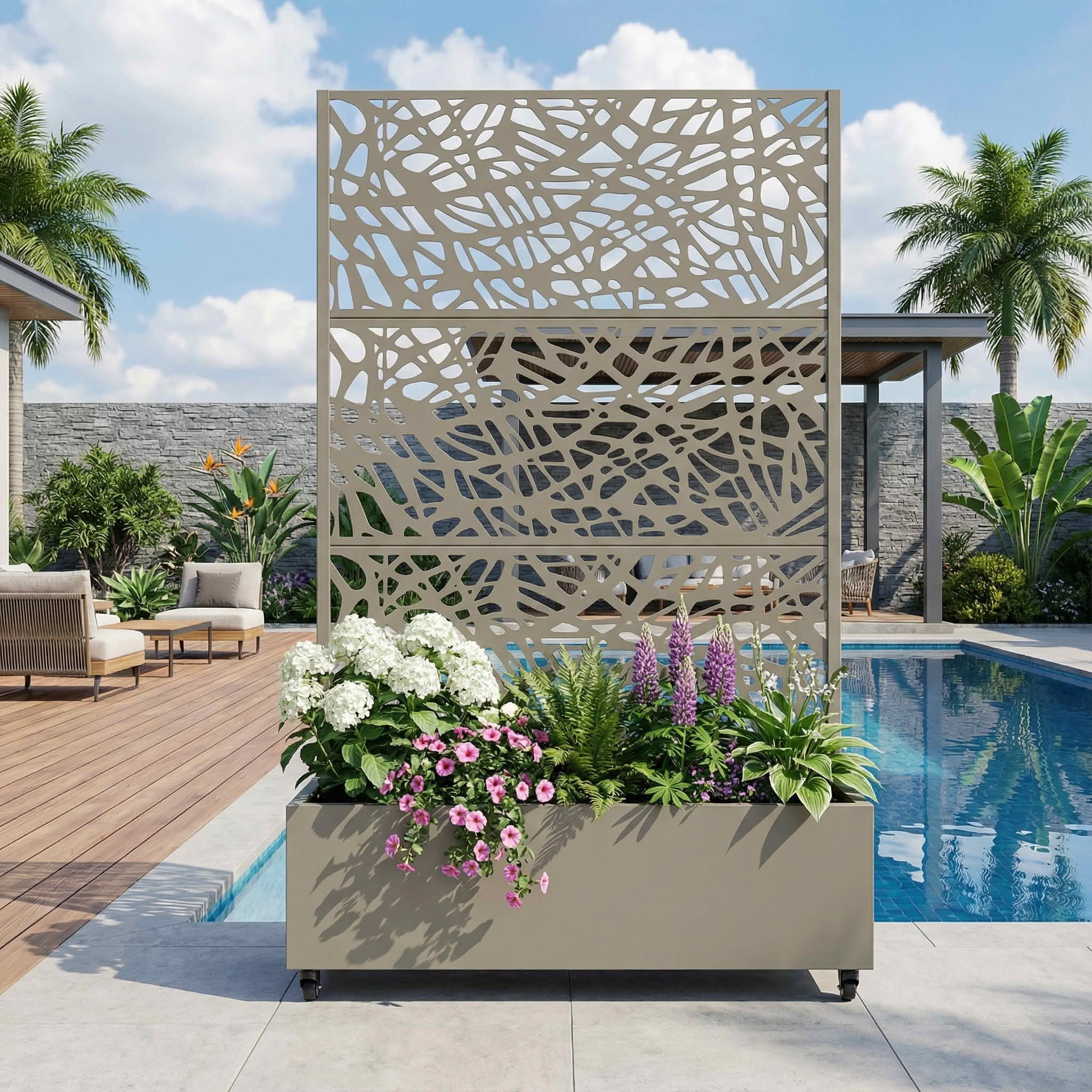MAYEERTY 72X47" Metal Outdoor Olive Gray Privacy Screen with Planter ...