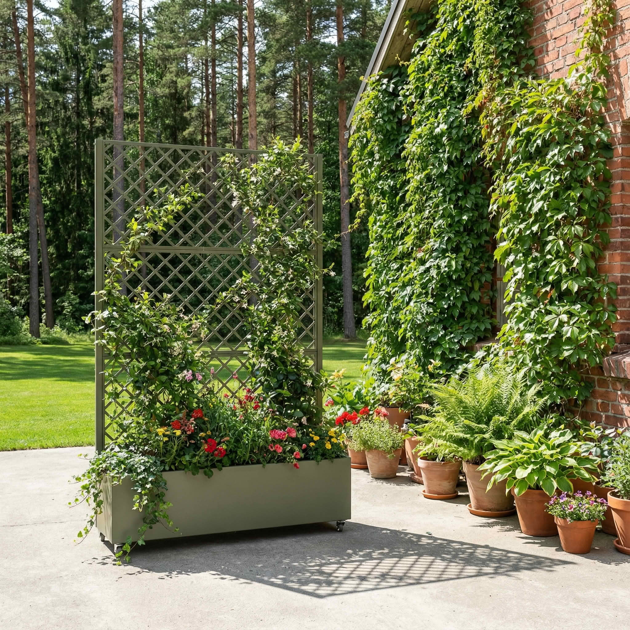 MAYEERTY 72X47" Metal Outdoor Olive Gray Privacy Screen with Planter Box for Backyard & Garden, 3 Piece Set