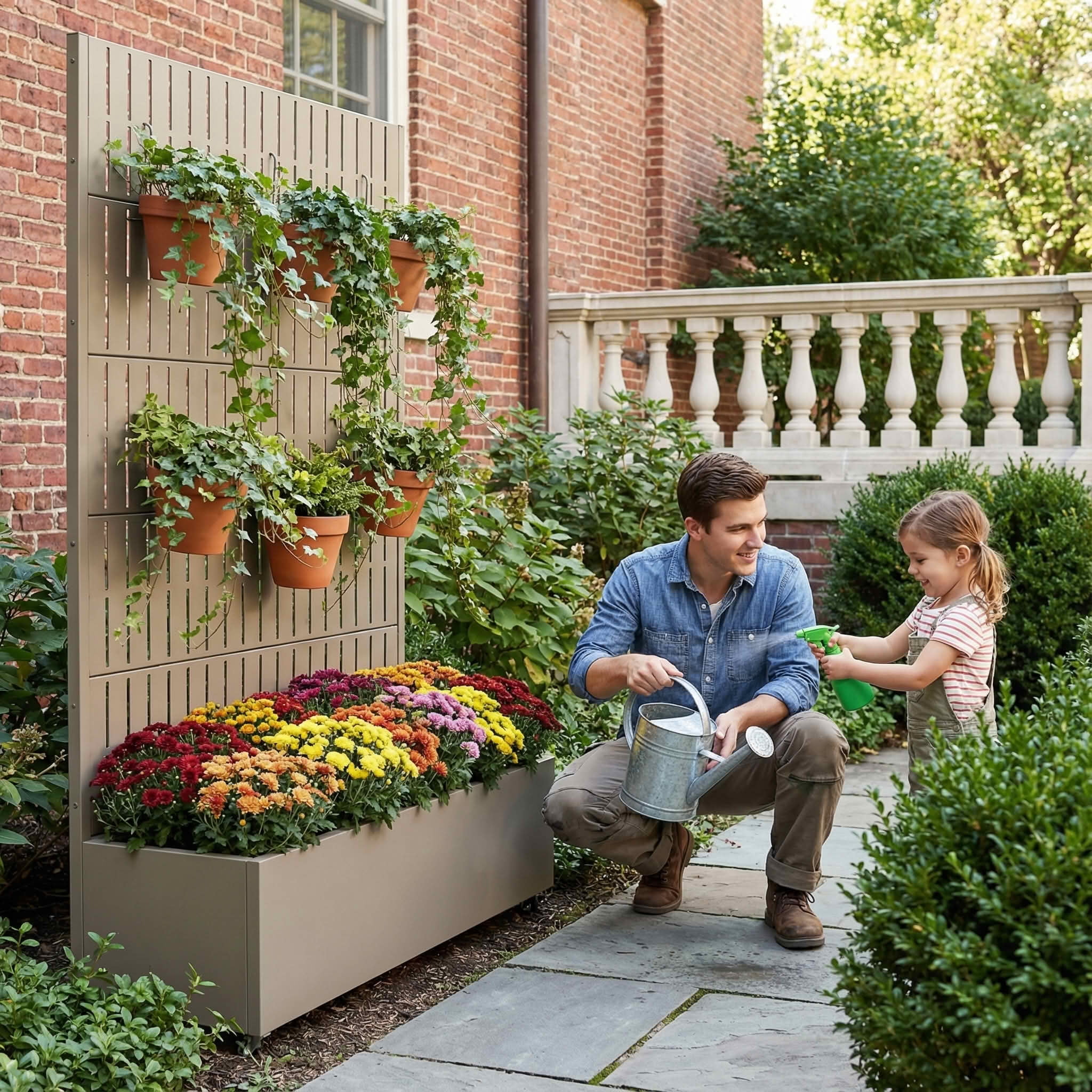 MAYEERTY 72X47" Metal Outdoor Olive Gray Privacy Screen with Planter Box for Backyard & Garden, 5 Piece Set