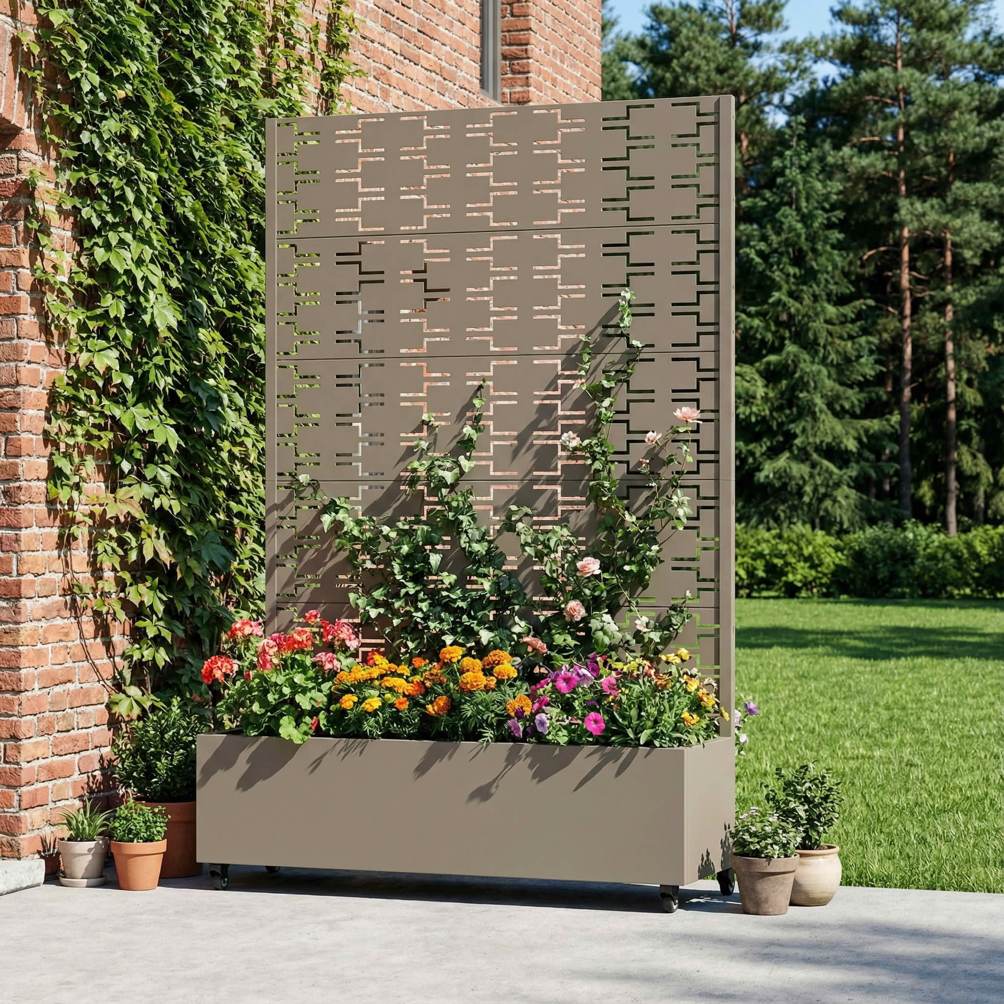 MAYEERTY 72X47" Metal Outdoor Olive Gray Privacy Screen with Planter Box for Backyard & Garden, 5 Piece Set