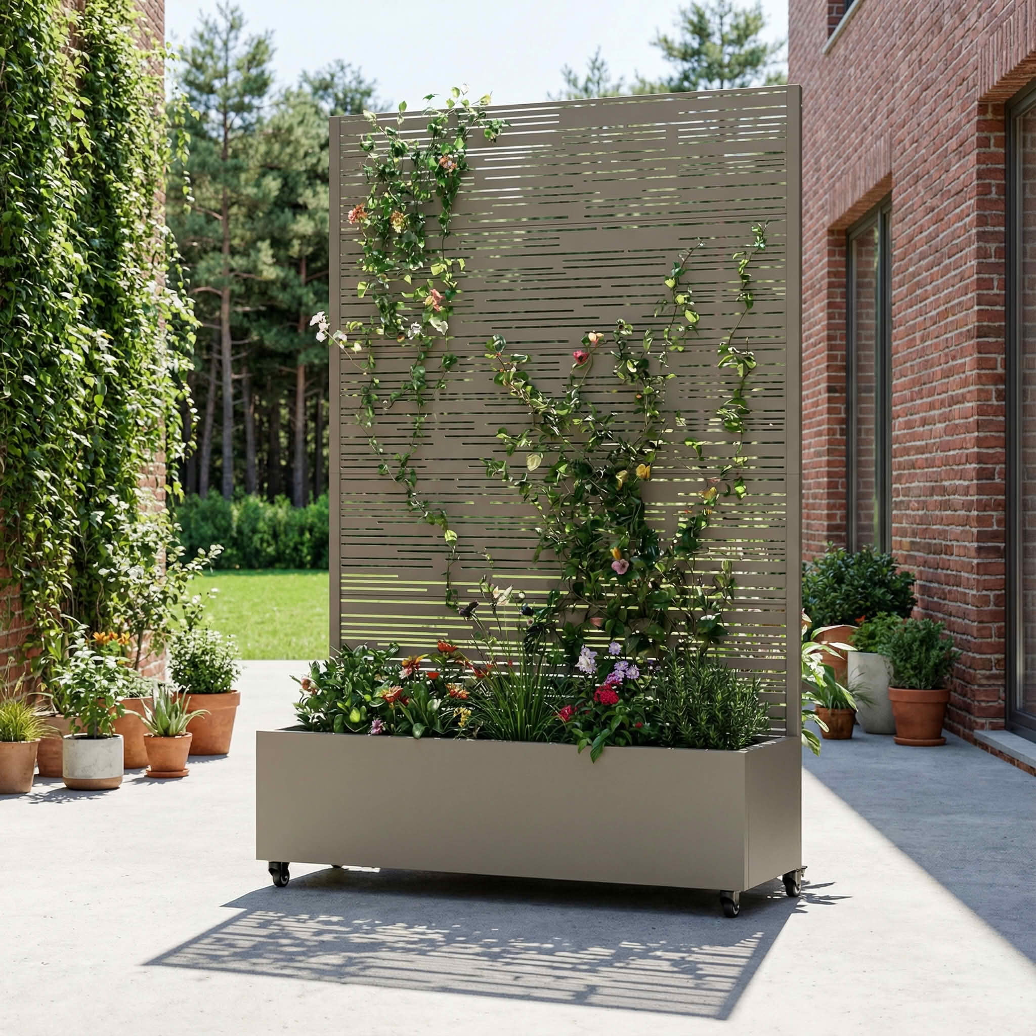 MAYEERTY 72X47" Metal Outdoor Olive Gray Privacy Screen with Planter Box for Backyard & Garden, 5 Piece Set