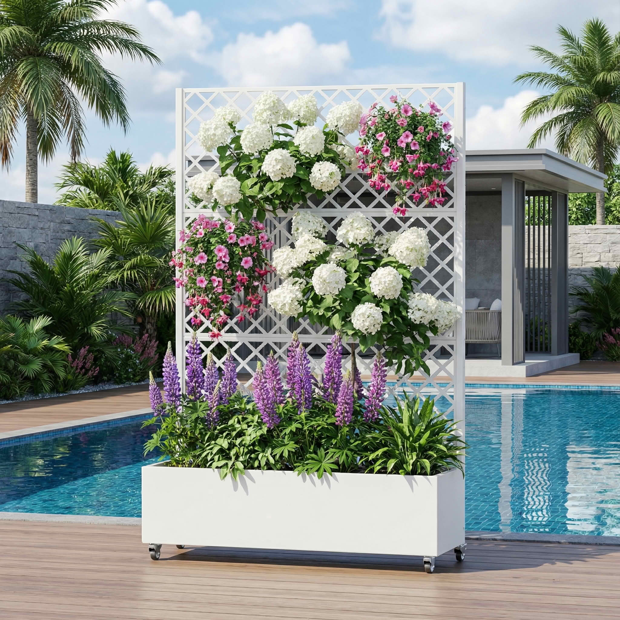MAYEERTY 72X47" Metal Outdoor White Privacy Screen with Planter Box for Backyard & Garden, 3 Piece Set