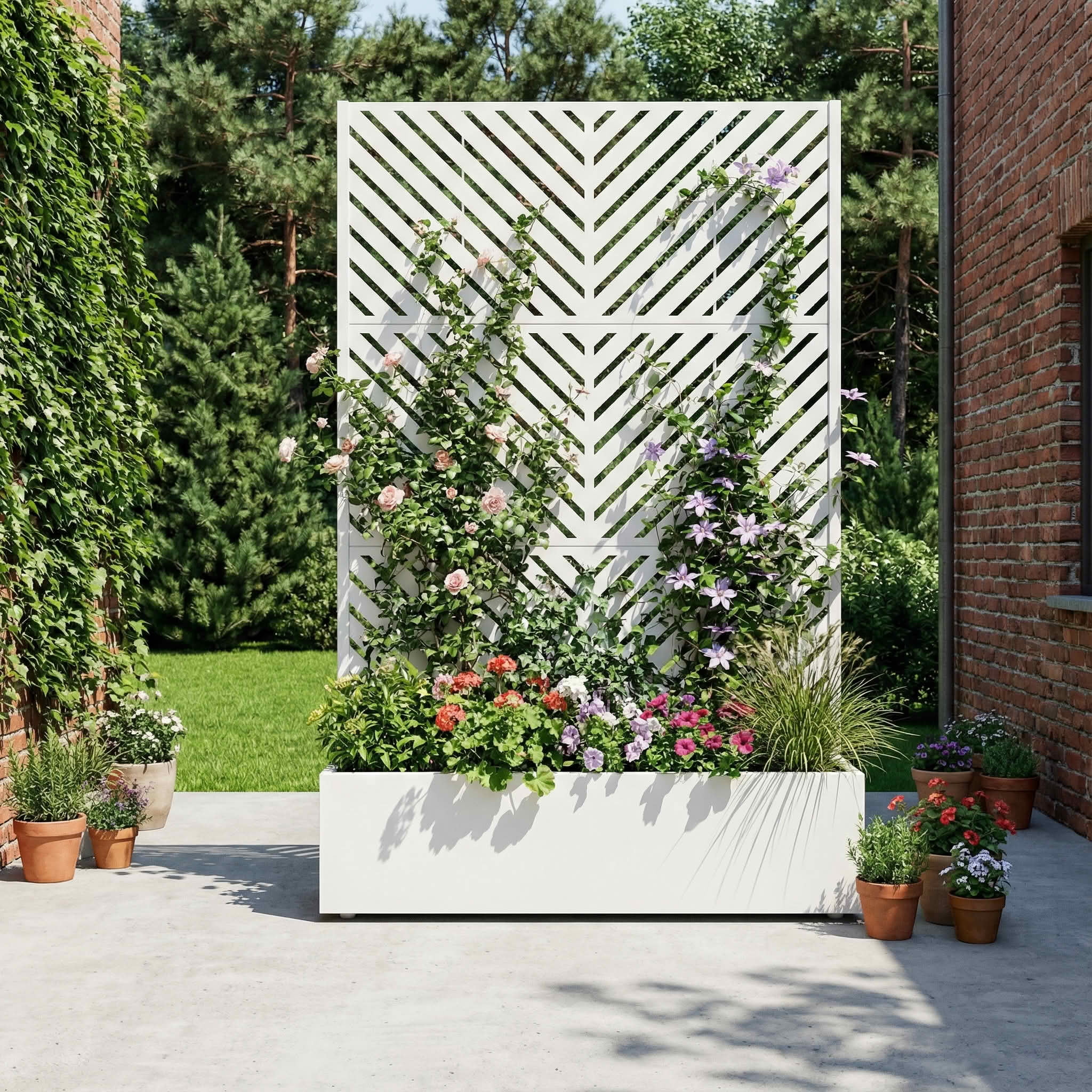 MAYEERTY 72X47" Metal Outdoor White Privacy Screen with Planter Box for Backyard & Garden, 3 Piece Set