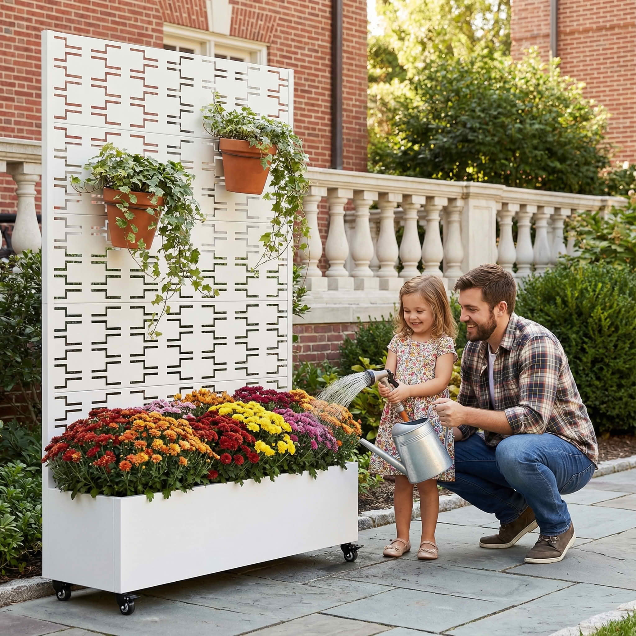 MAYEERTY 72X47" Metal Outdoor White Privacy Screen with Planter Box for Backyard & Garden, 5 Piece Set