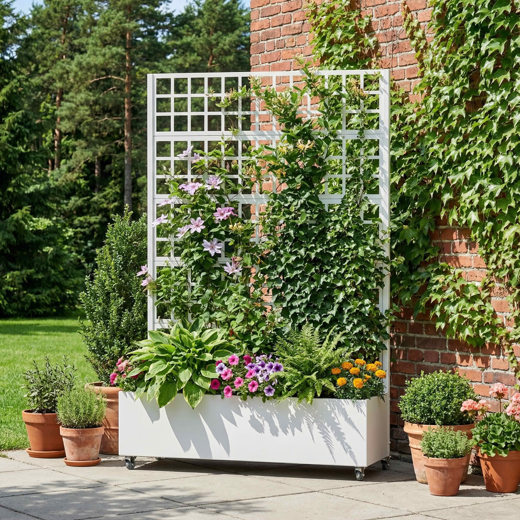 MAYEERTY 72X47" Metal Outdoor White Privacy Screen with Planter Box for Backyard & Garden, 5 Piece Set