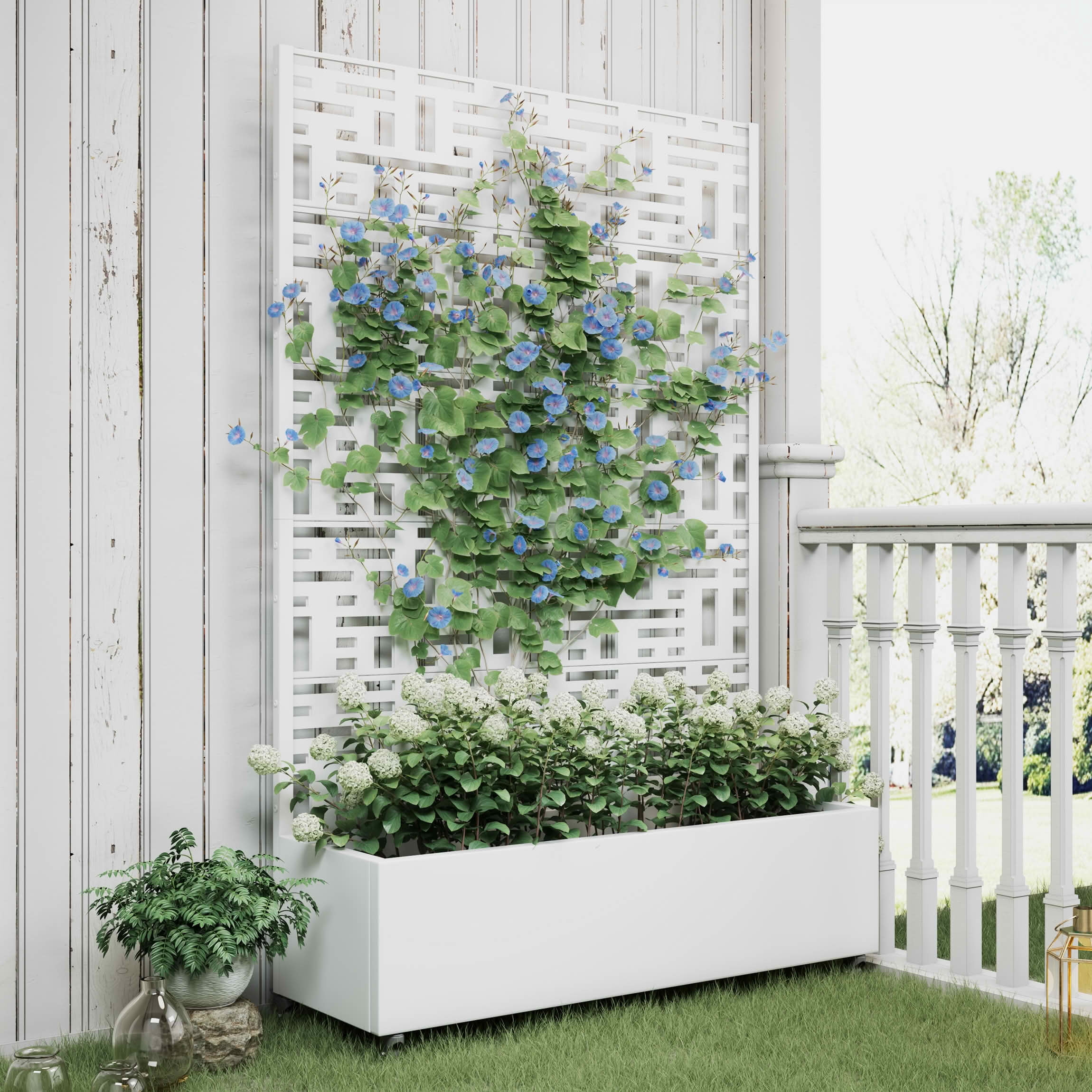MAYEERTY 72X47" Metal Outdoor White Privacy Screen with Planter Box for Backyard & Garden, 5 Piece Set