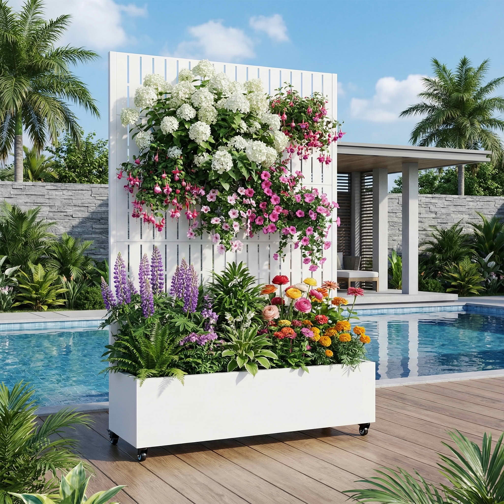 MAYEERTY 72X47" Metal Outdoor White Privacy Screen with Planter Box for Backyard & Garden, 5 Piece Set